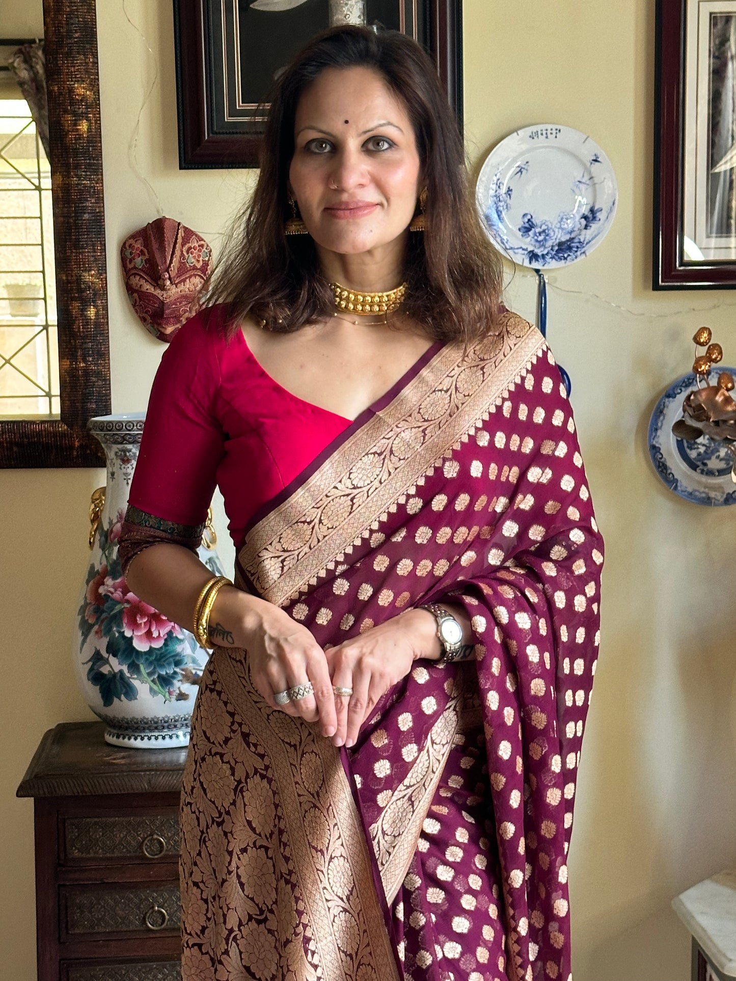 Deep Mauve Banarasi Pure Khaddi Georgette Sari - Raahini