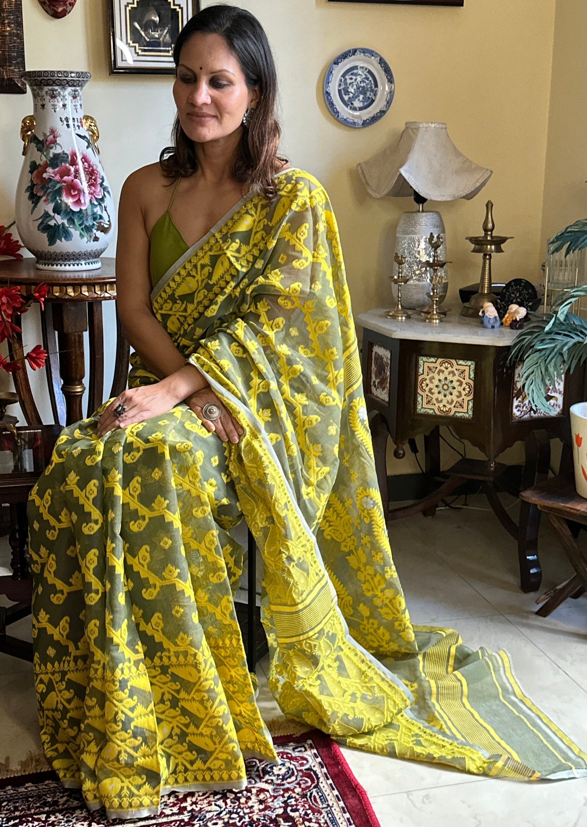 Khaaki Green & Yellow Cotton Silk Jamdani Sari - Raahini