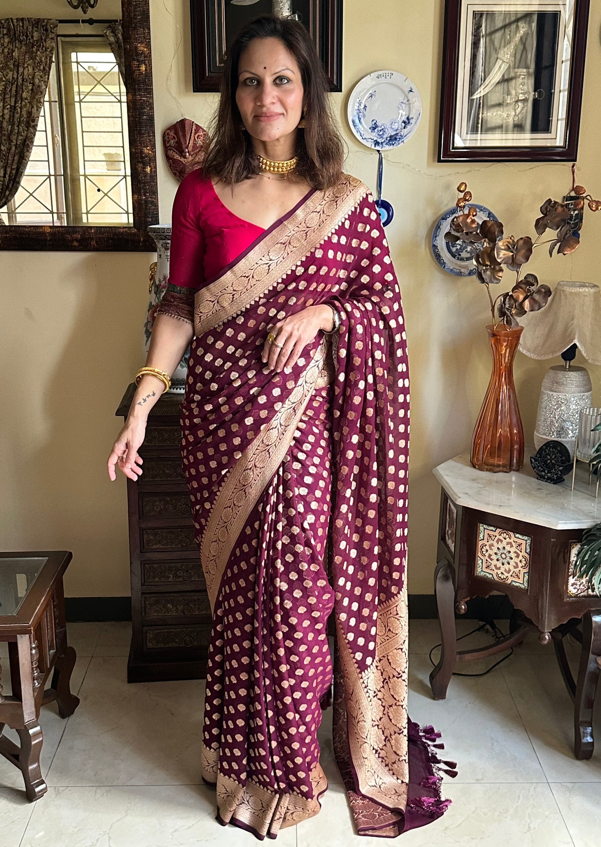 Deep Mauve Banarasi Pure Khaddi Georgette Sari - Raahini