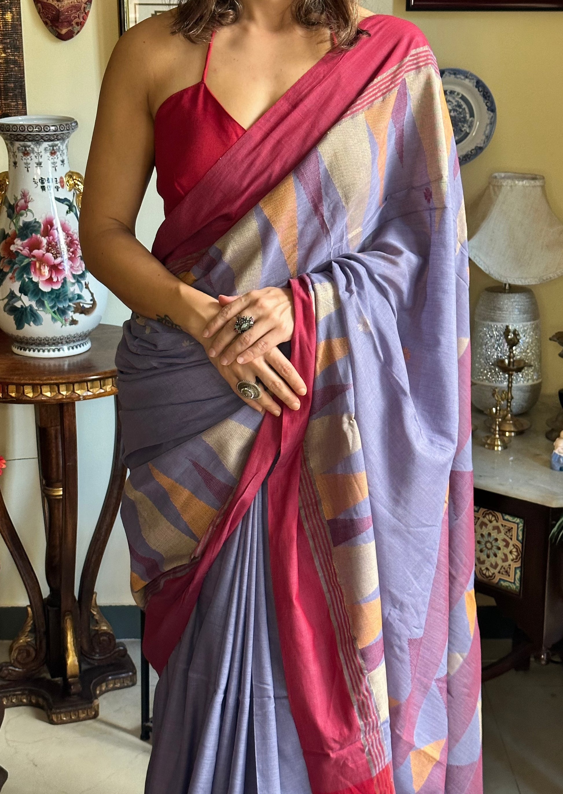 Handloom Soft Cotton Jamdani with Woven Pattern & Zari Stripes - Raahini