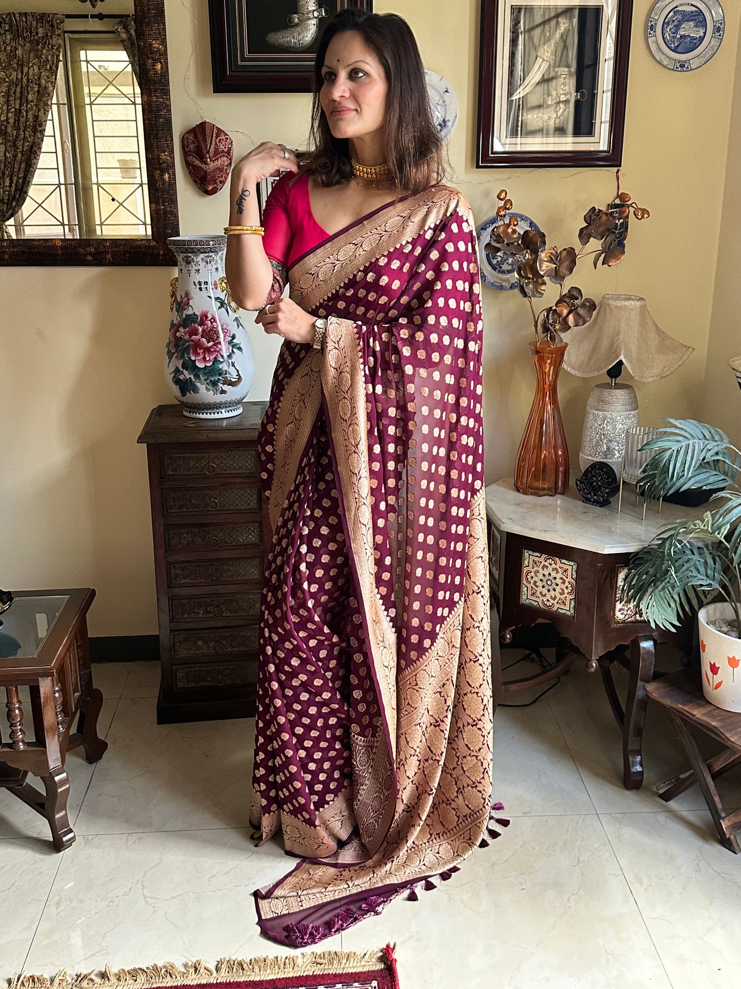 Deep Mauve Banarasi Pure Khaddi Georgette Sari - Raahini