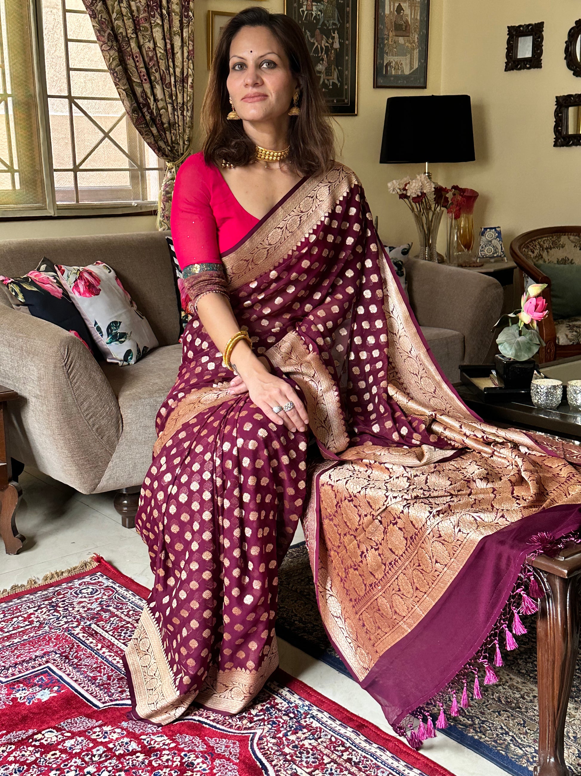 Deep Mauve Banarasi Pure Khaddi Georgette Sari - Raahini