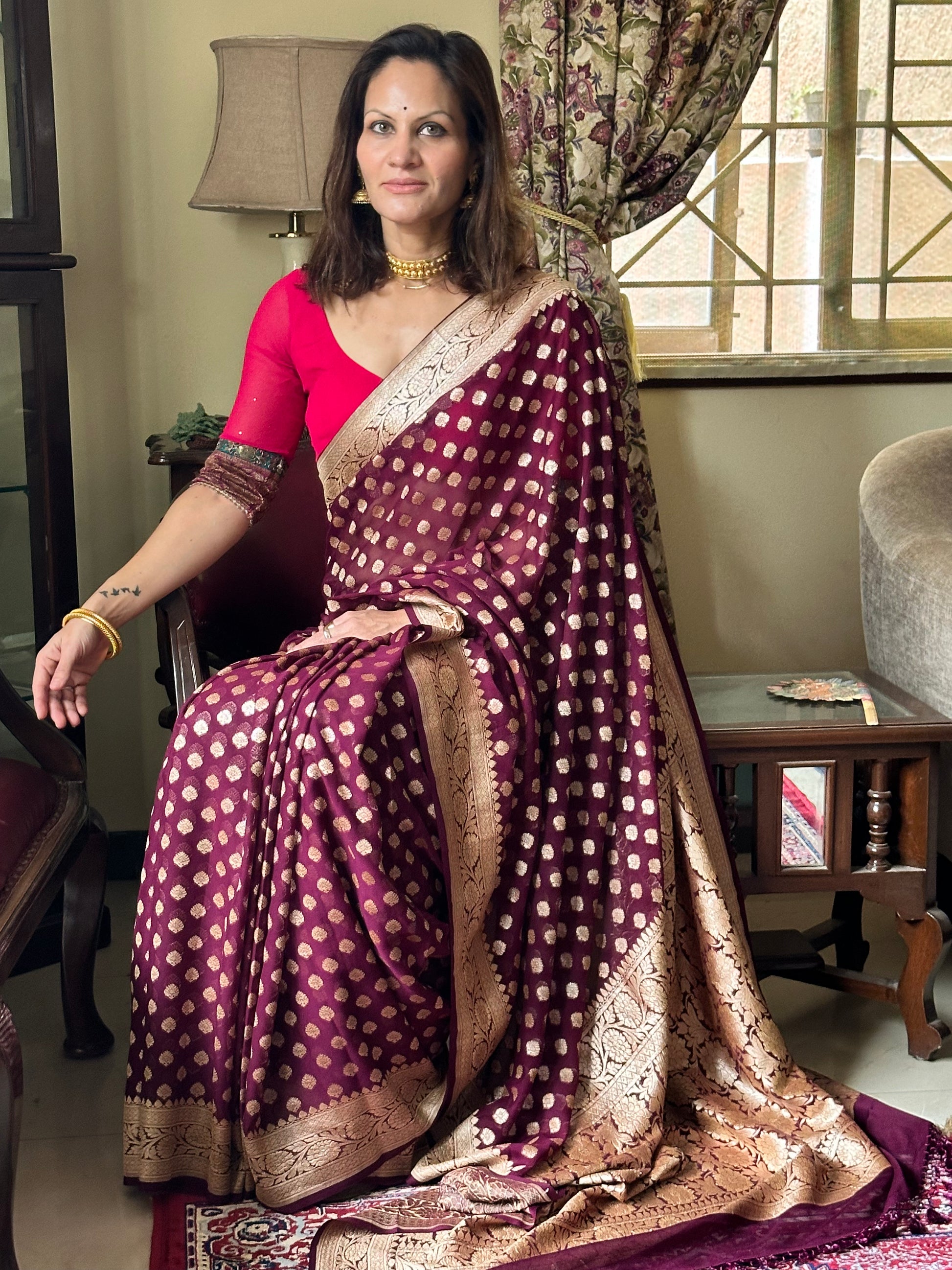 Deep Mauve Banarasi Pure Khaddi Georgette Sari - Raahini