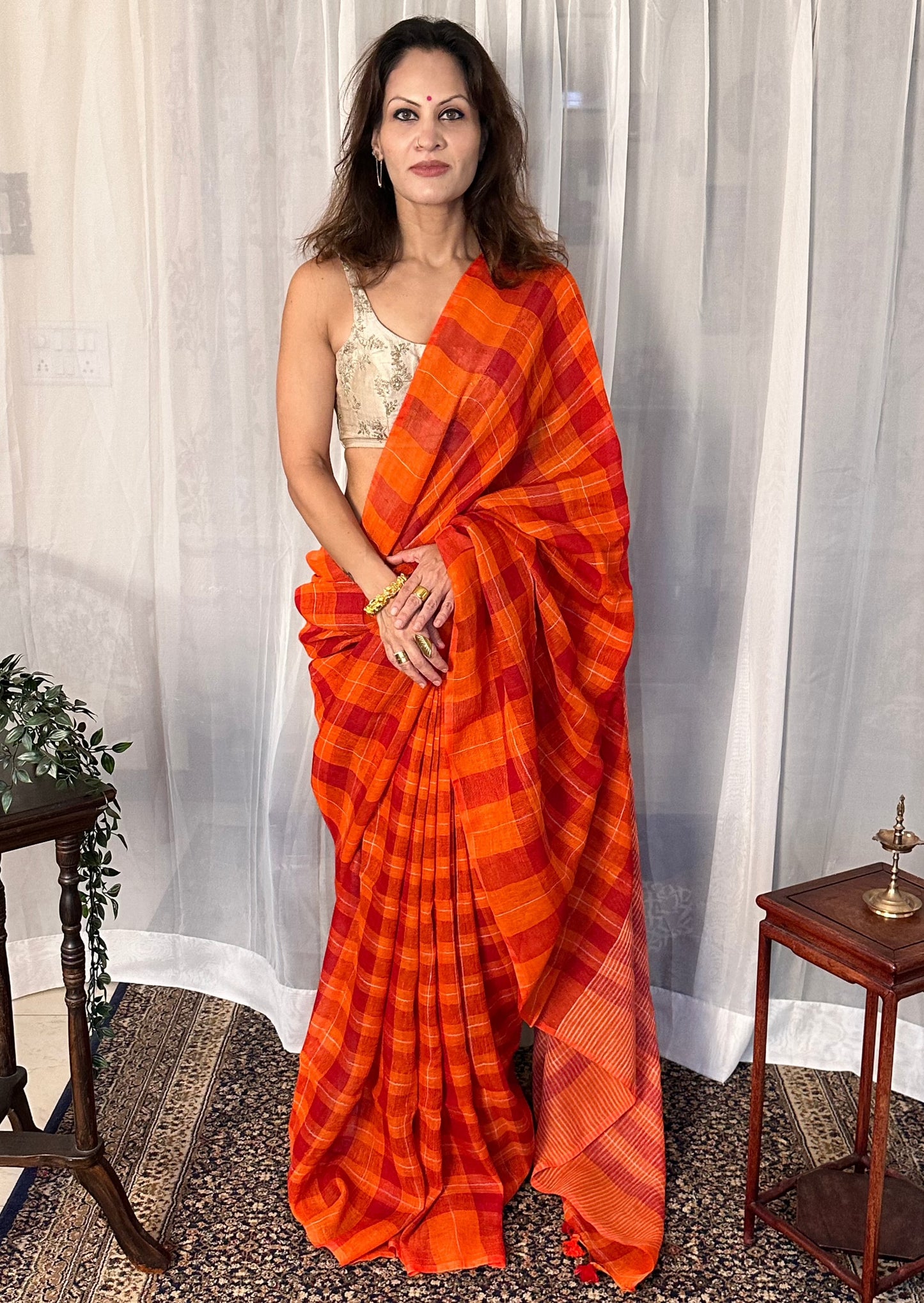 Orange Handloom Pure Linen Checks Sari