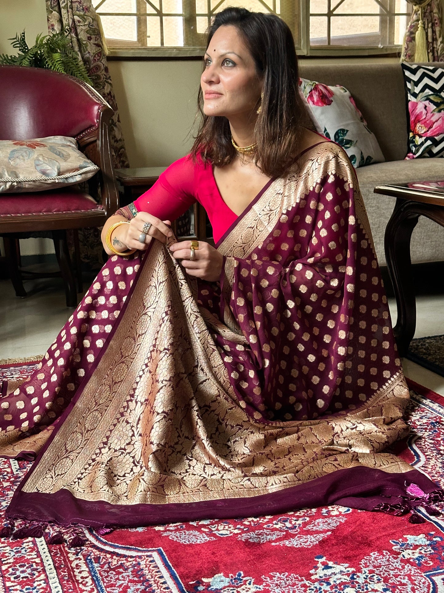 Deep Mauve Banarasi Pure Khaddi Georgette Sari - Raahini