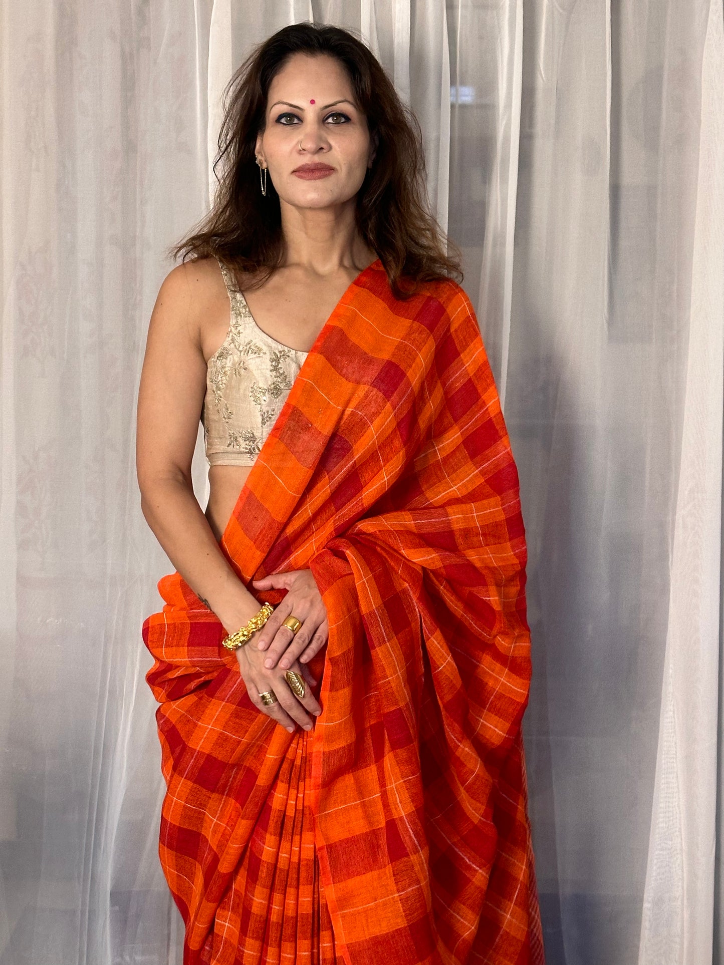 Orange Handloom Pure Linen Checks Sari