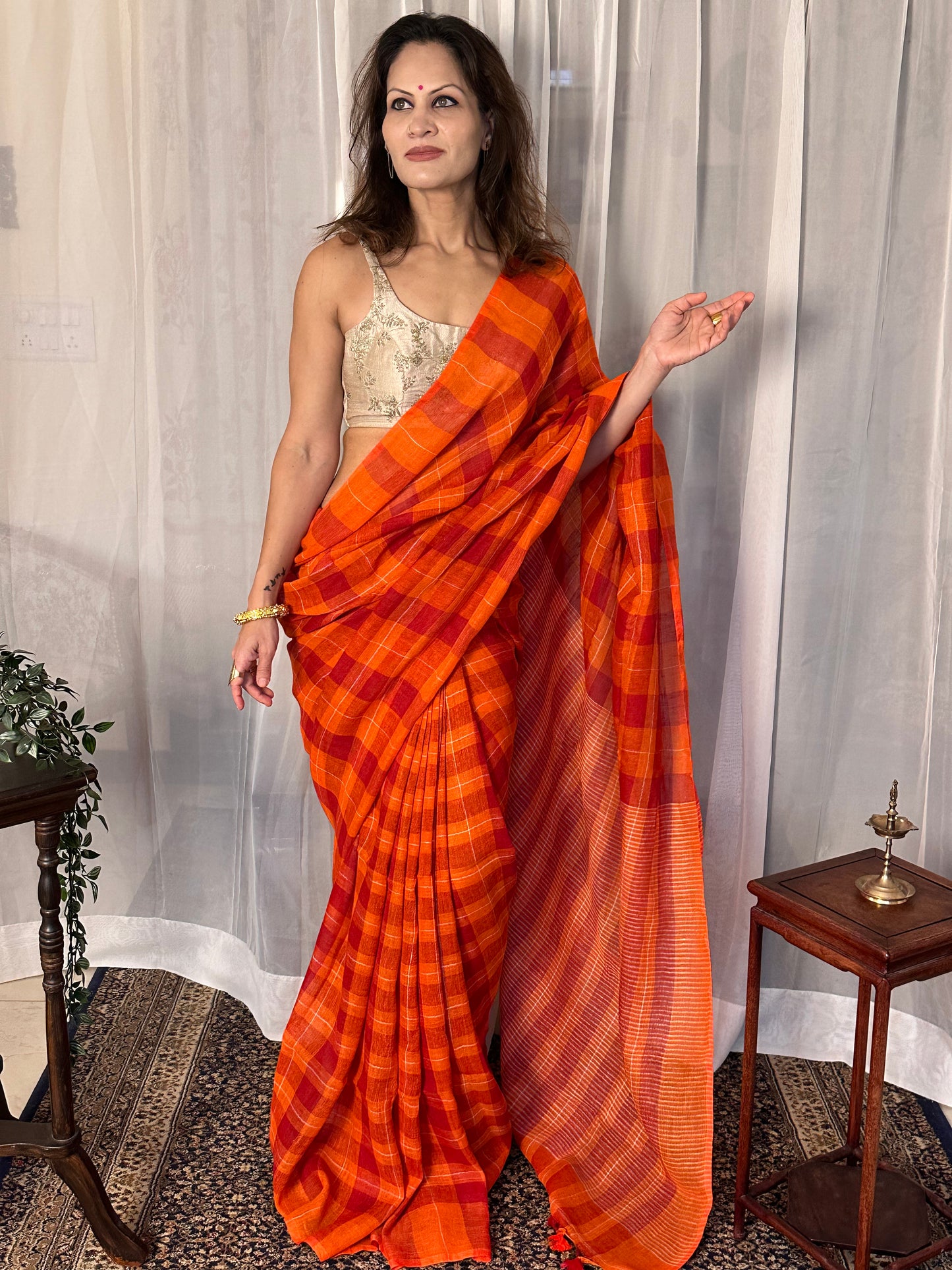 Orange Handloom Pure Linen Checks Sari