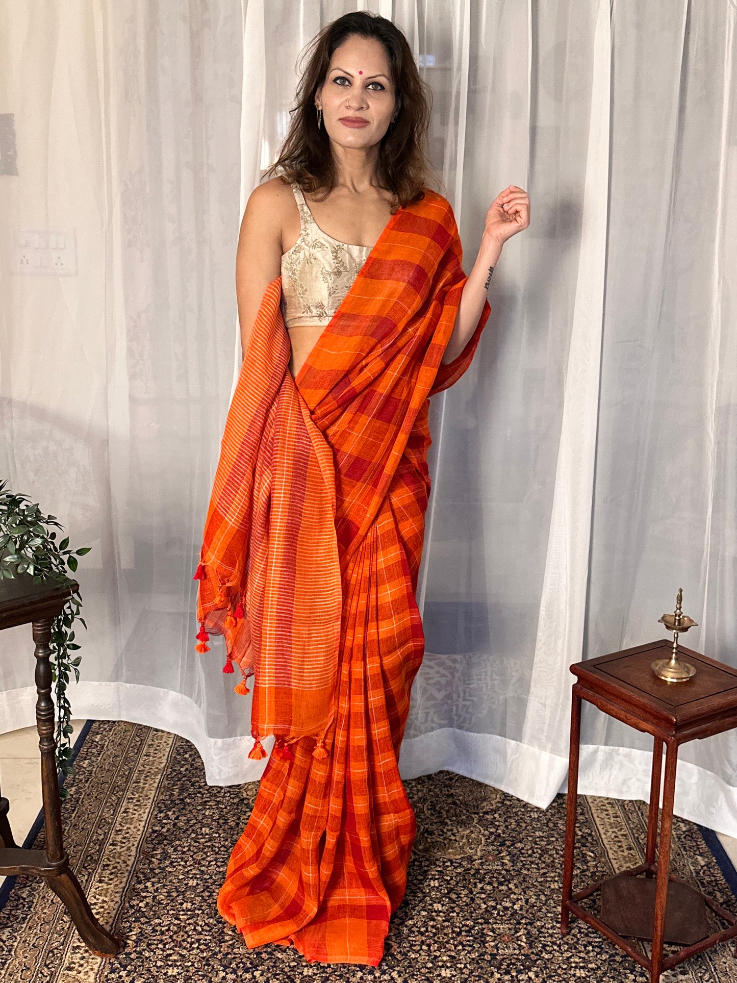 Orange Handloom Pure Linen Checks Sari