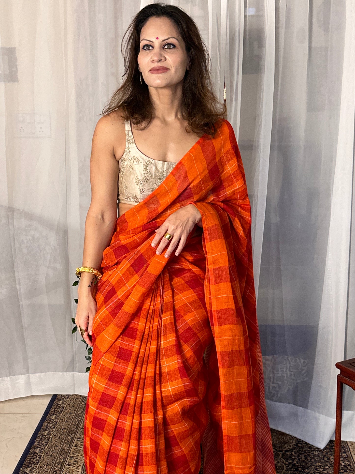 Orange Handloom Pure Linen Checks Sari