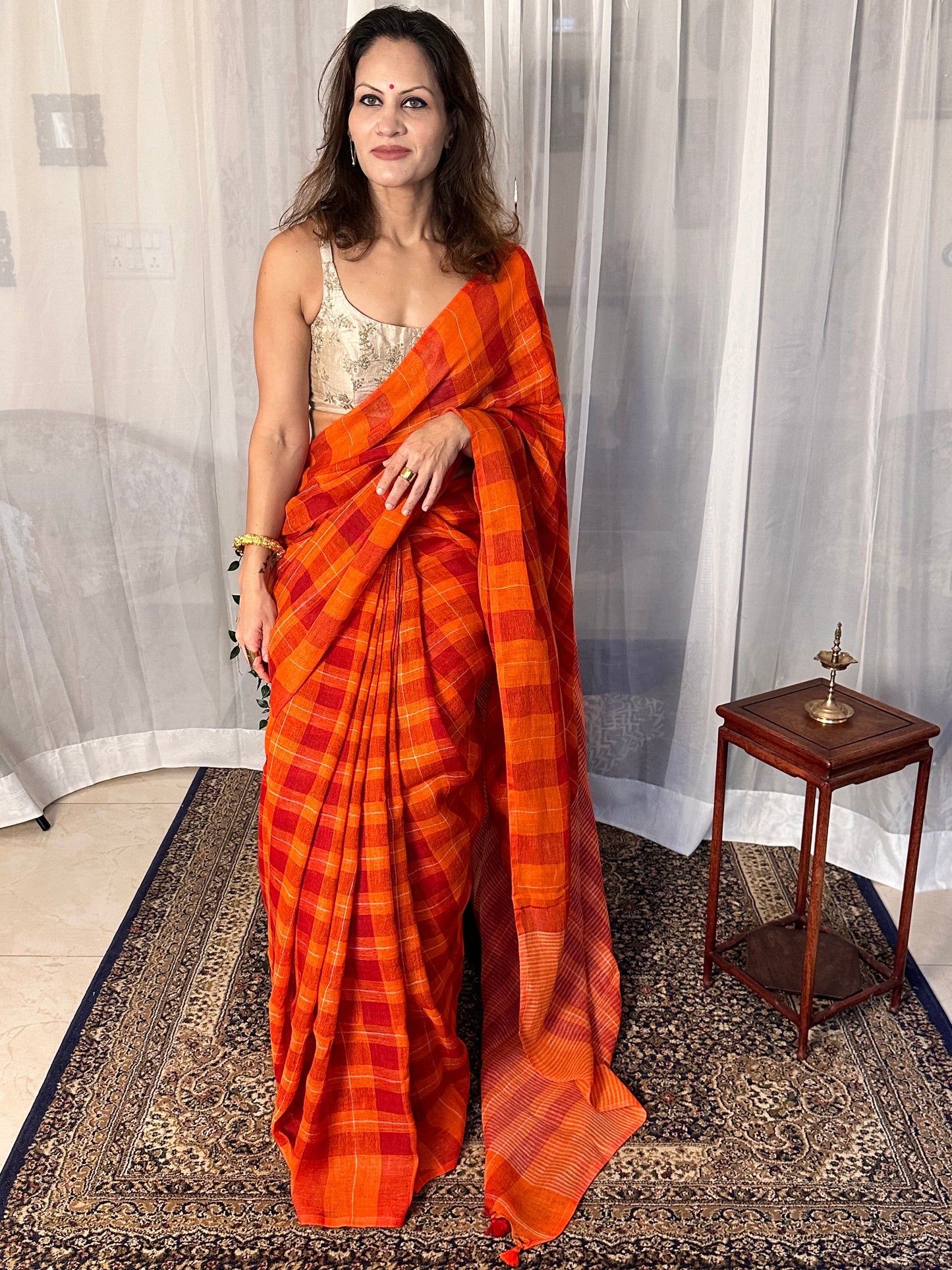 Orange Handloom Pure Linen Checks Sari