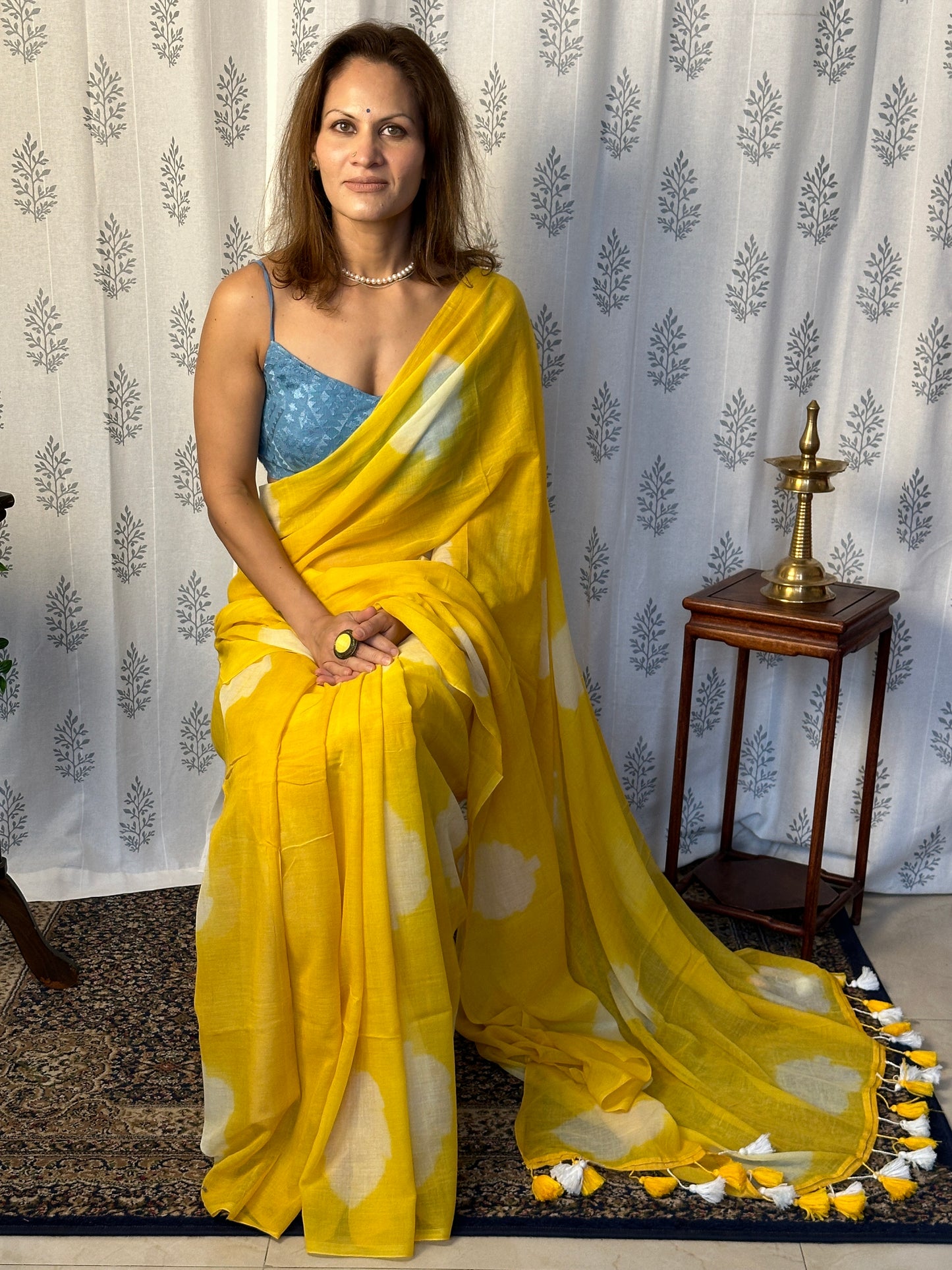 Yellow Pure Mul Mul Cotton Sari with White Leaf Pattern