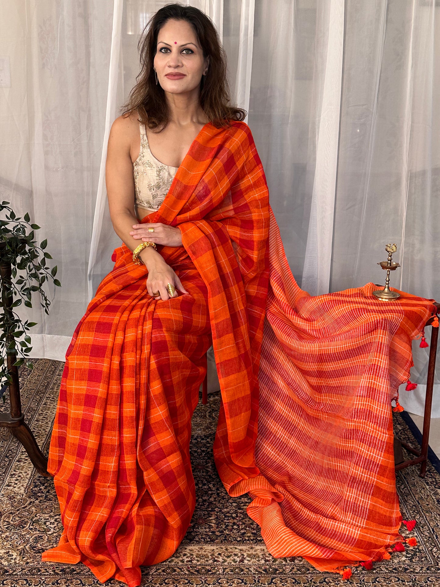 Orange Handloom Pure Linen Checks Sari