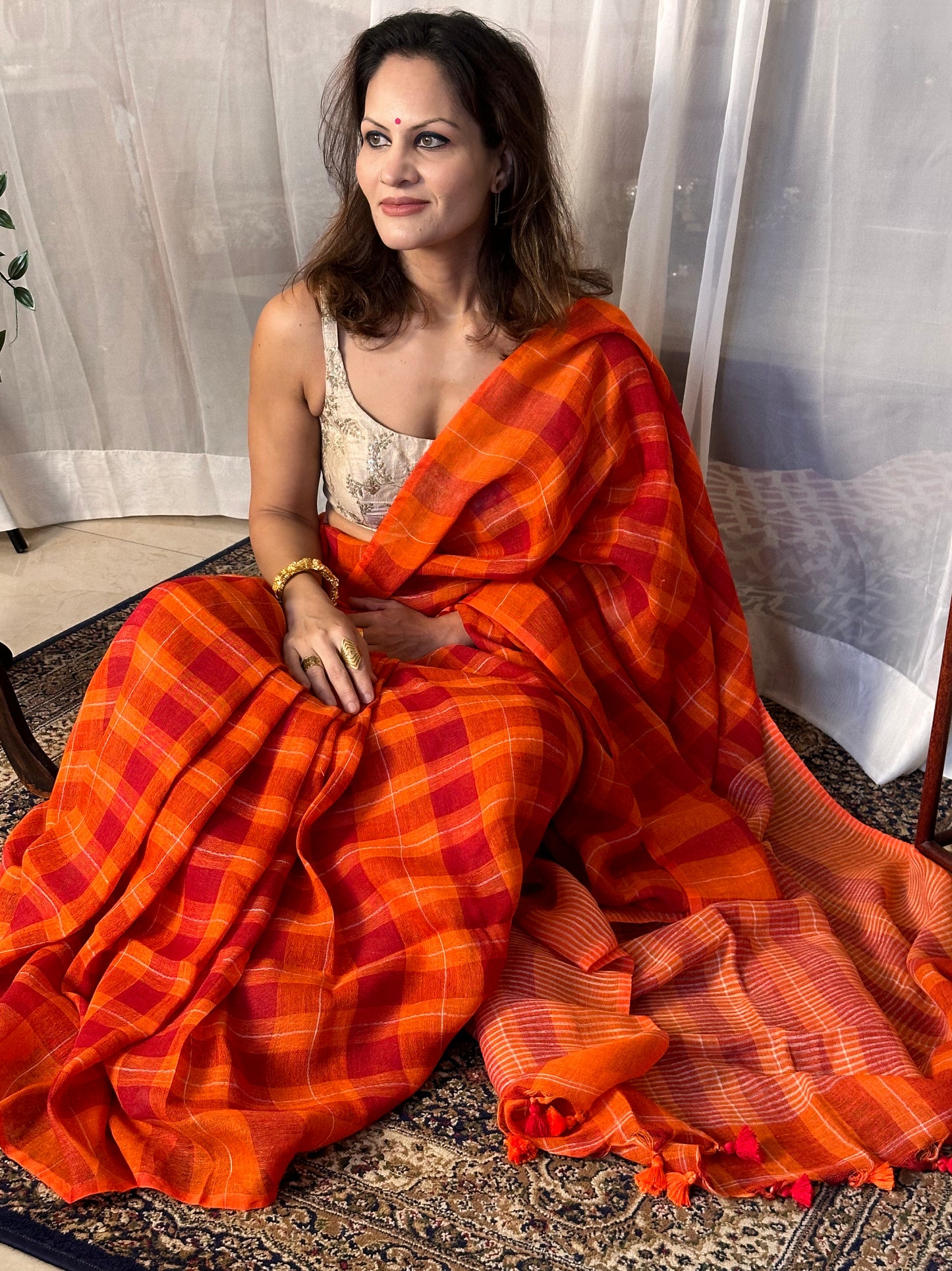 Orange Handloom Pure Linen Checks Sari