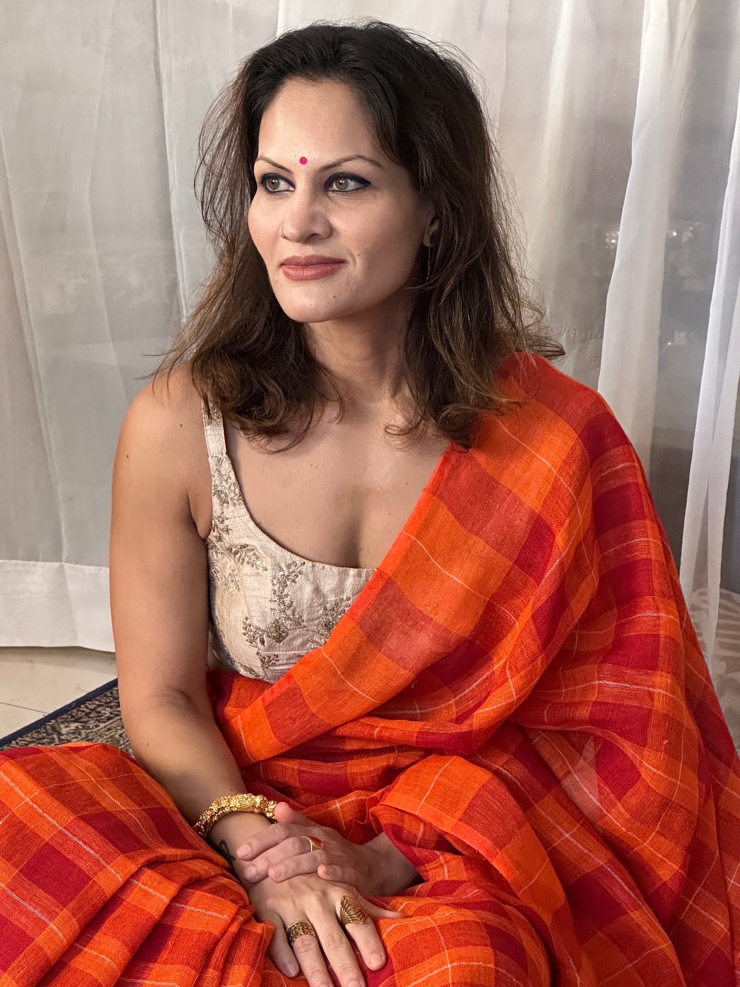 Orange Handloom Pure Linen Checks Sari