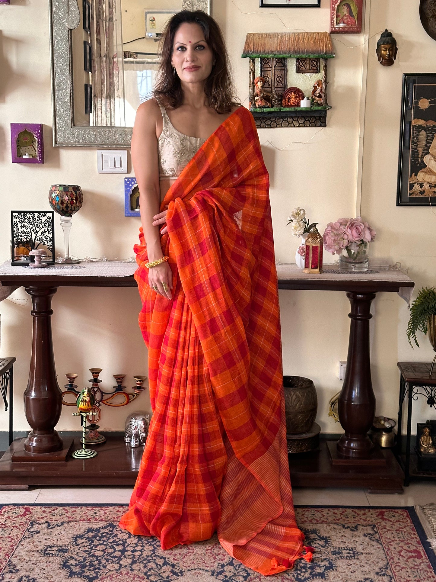 Orange Handloom Pure Linen Checks Sari