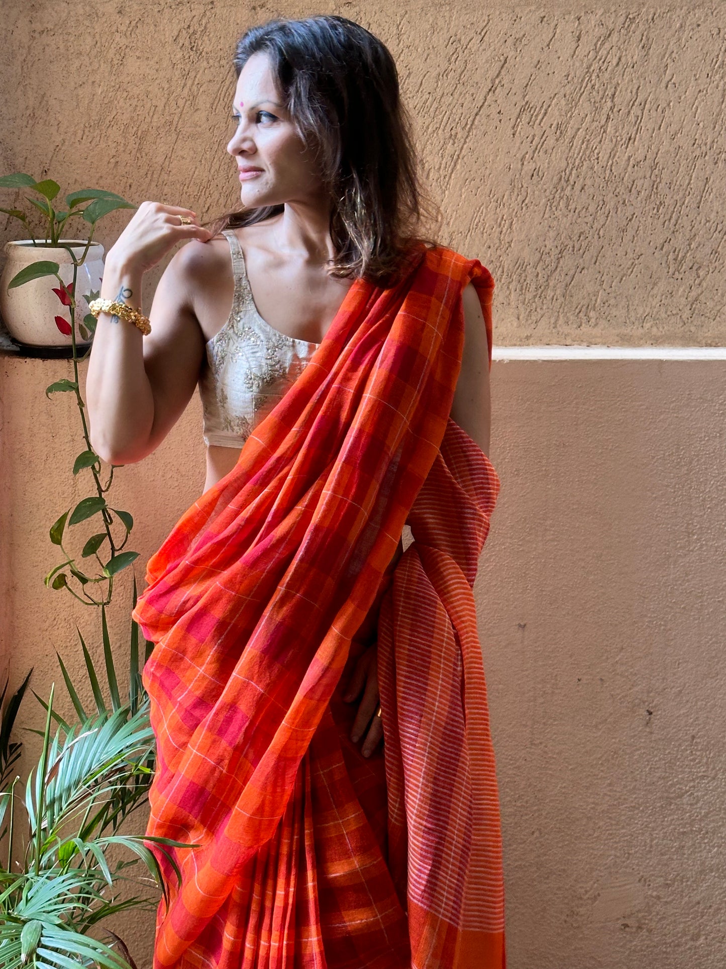 Orange Handloom Pure Linen Checks Sari