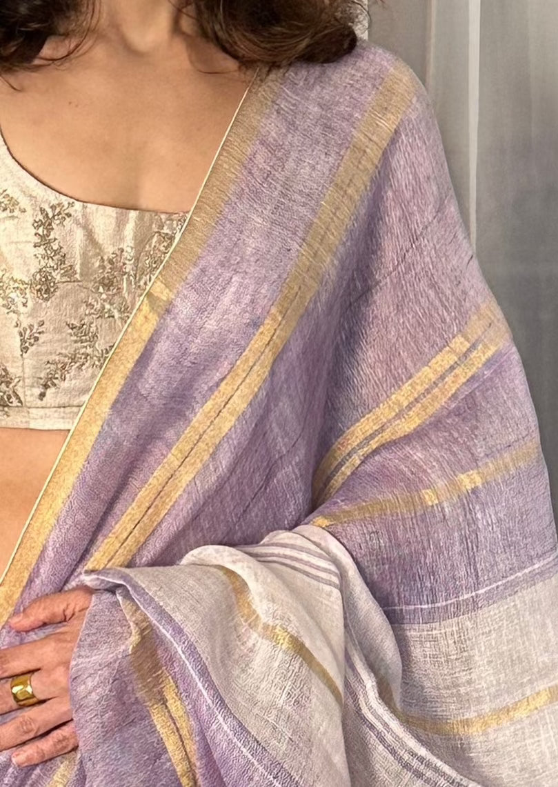 Purple, White, & Gold Handloom Pure Linen Checks Sari