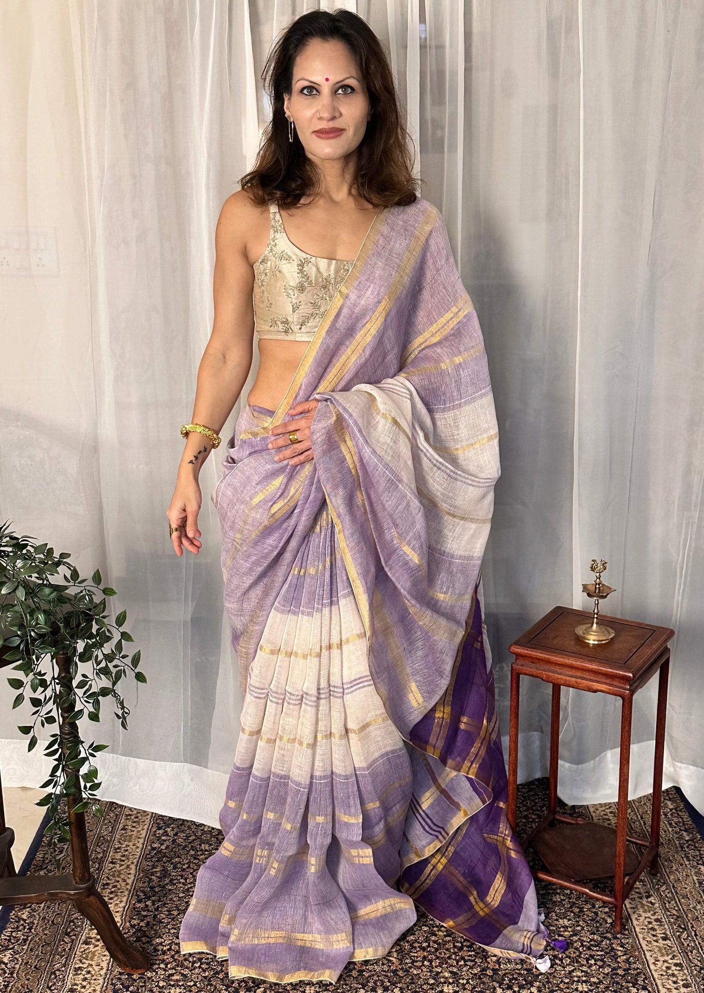 Purple, White, & Gold Handloom Pure Linen Checks Sari