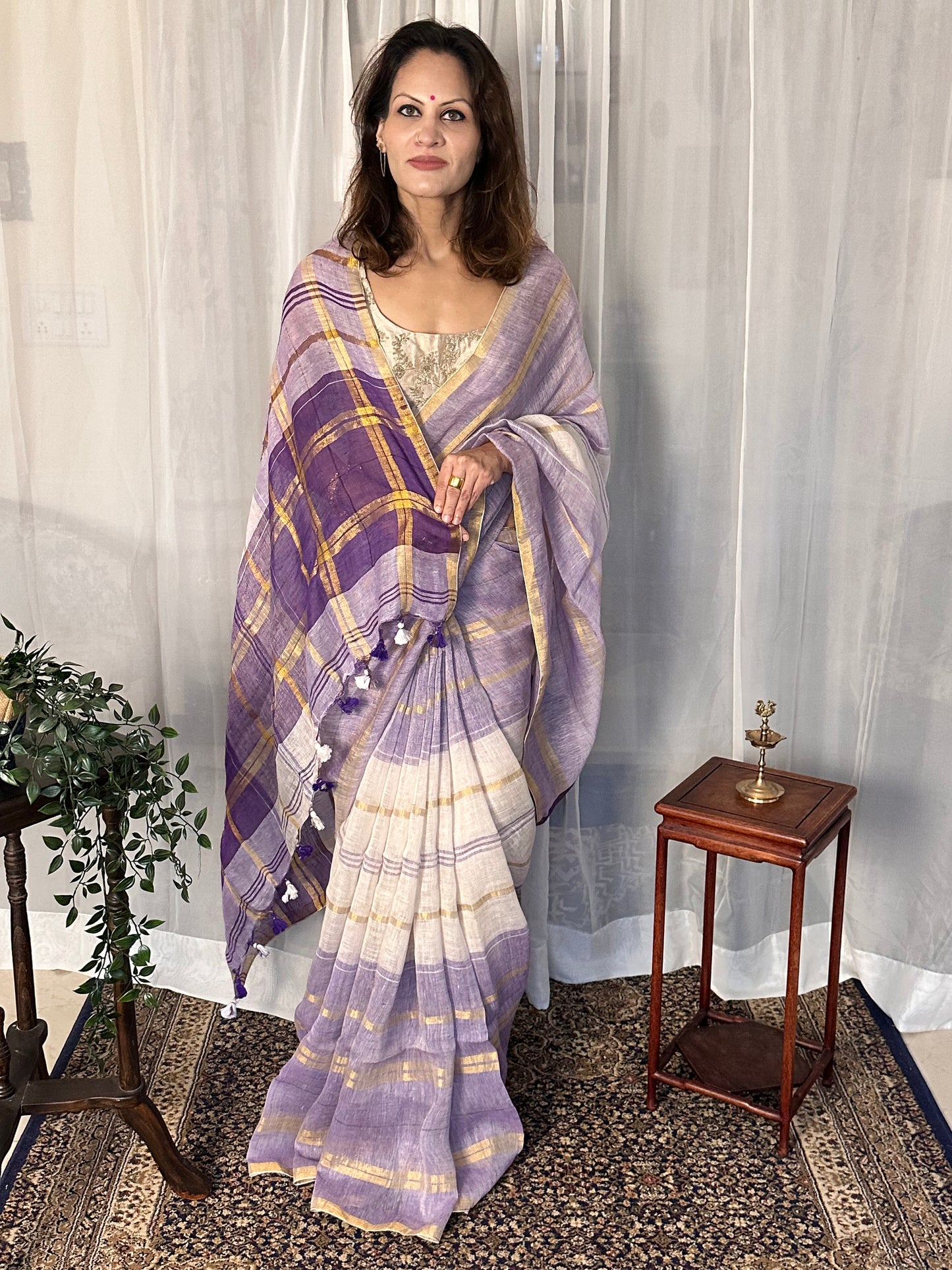 Purple, White, & Gold Handloom Pure Linen Checks Sari