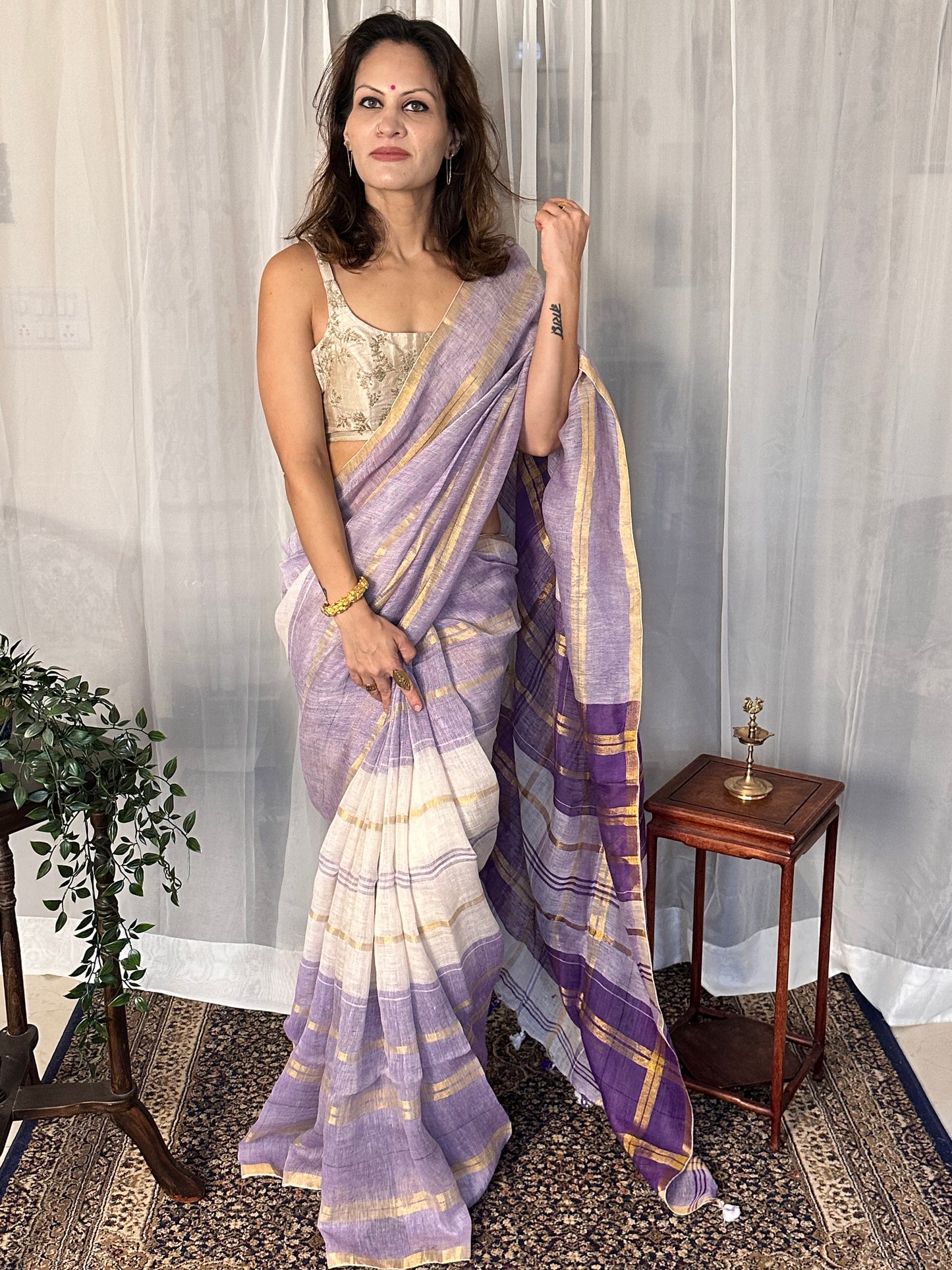 Purple, White, & Gold Handloom Pure Linen Checks Sari