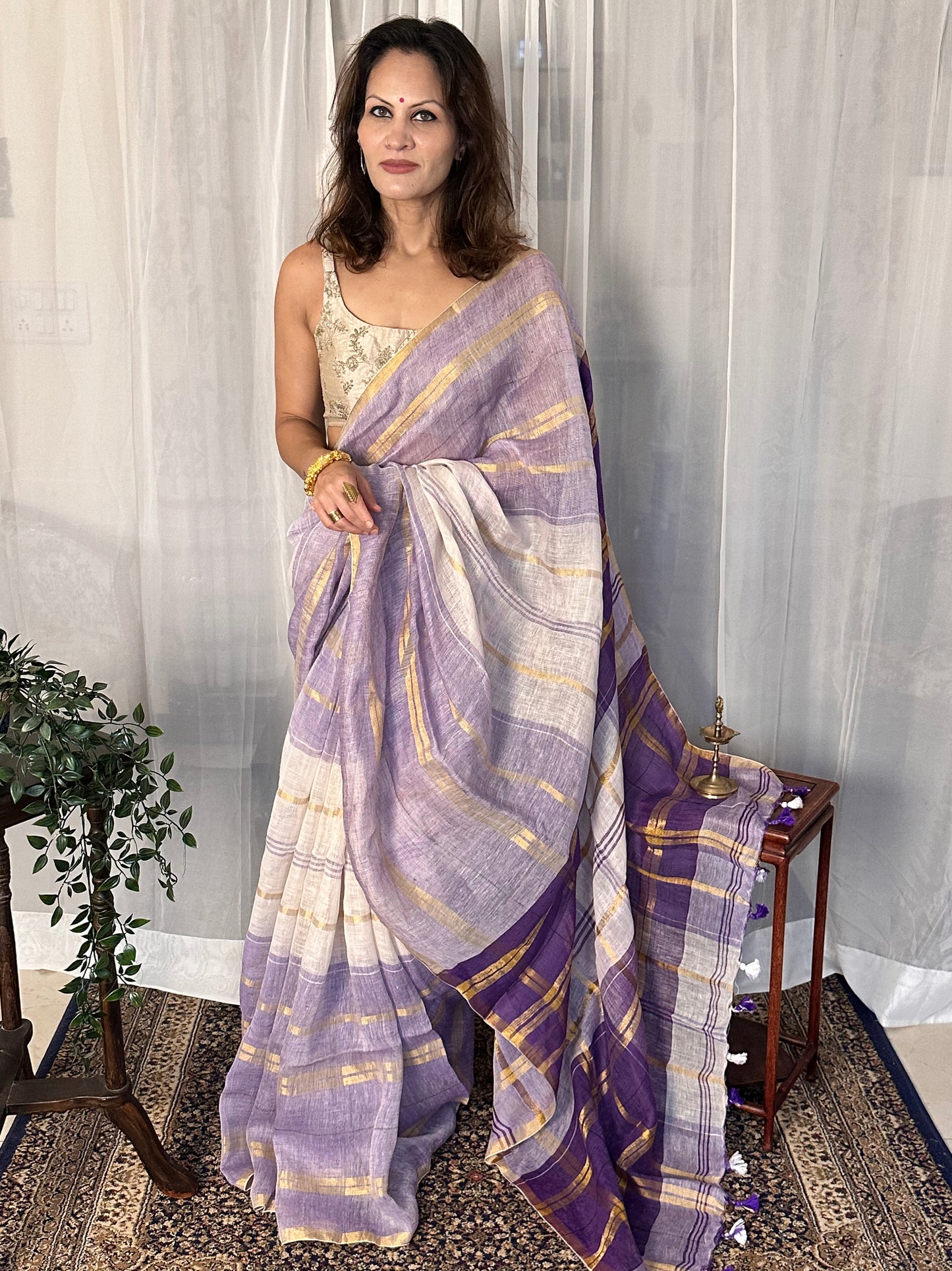 Purple, White, & Gold Handloom Pure Linen Checks Sari