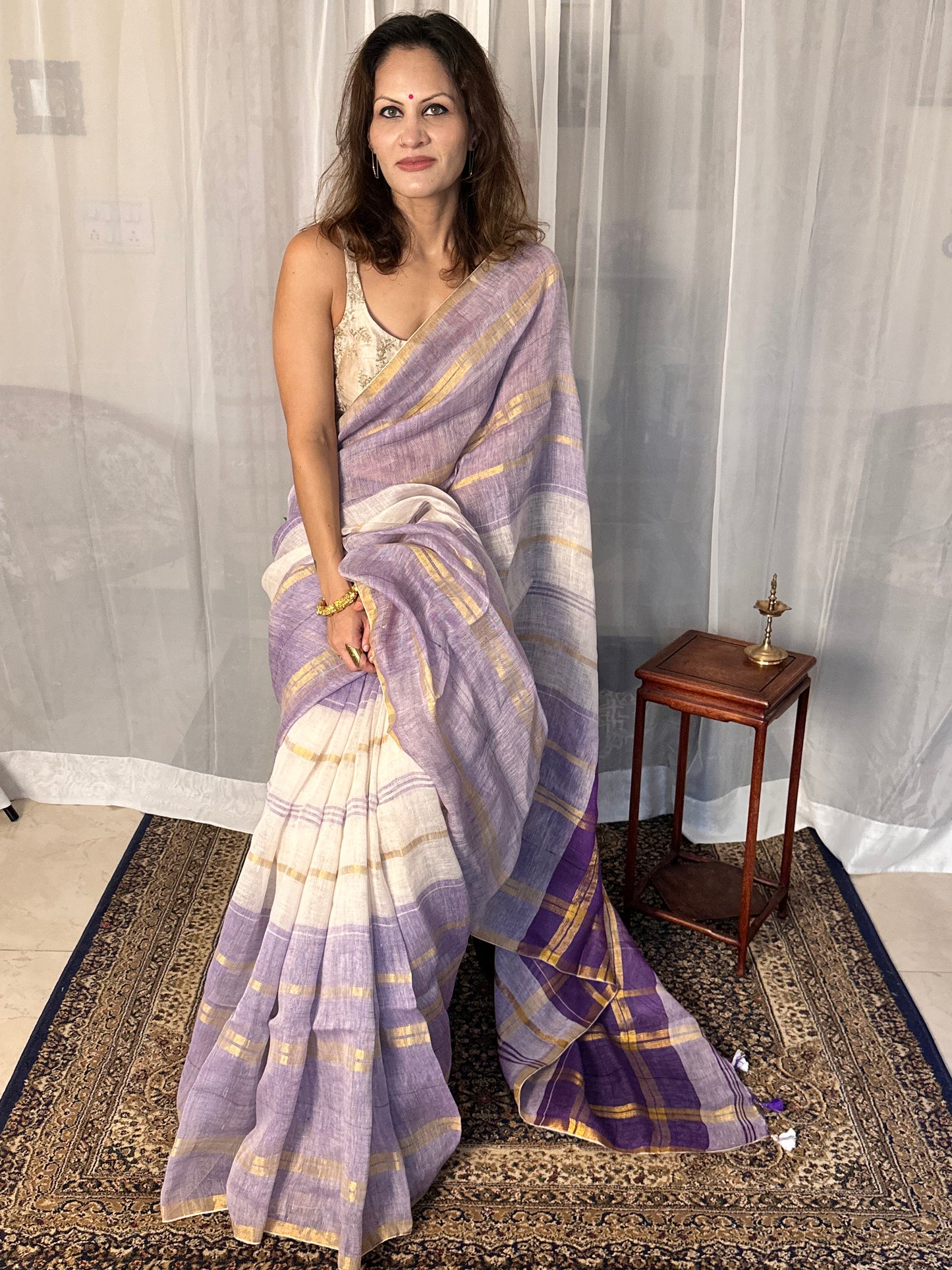 Purple, White, & Gold Handloom Pure Linen Checks Sari