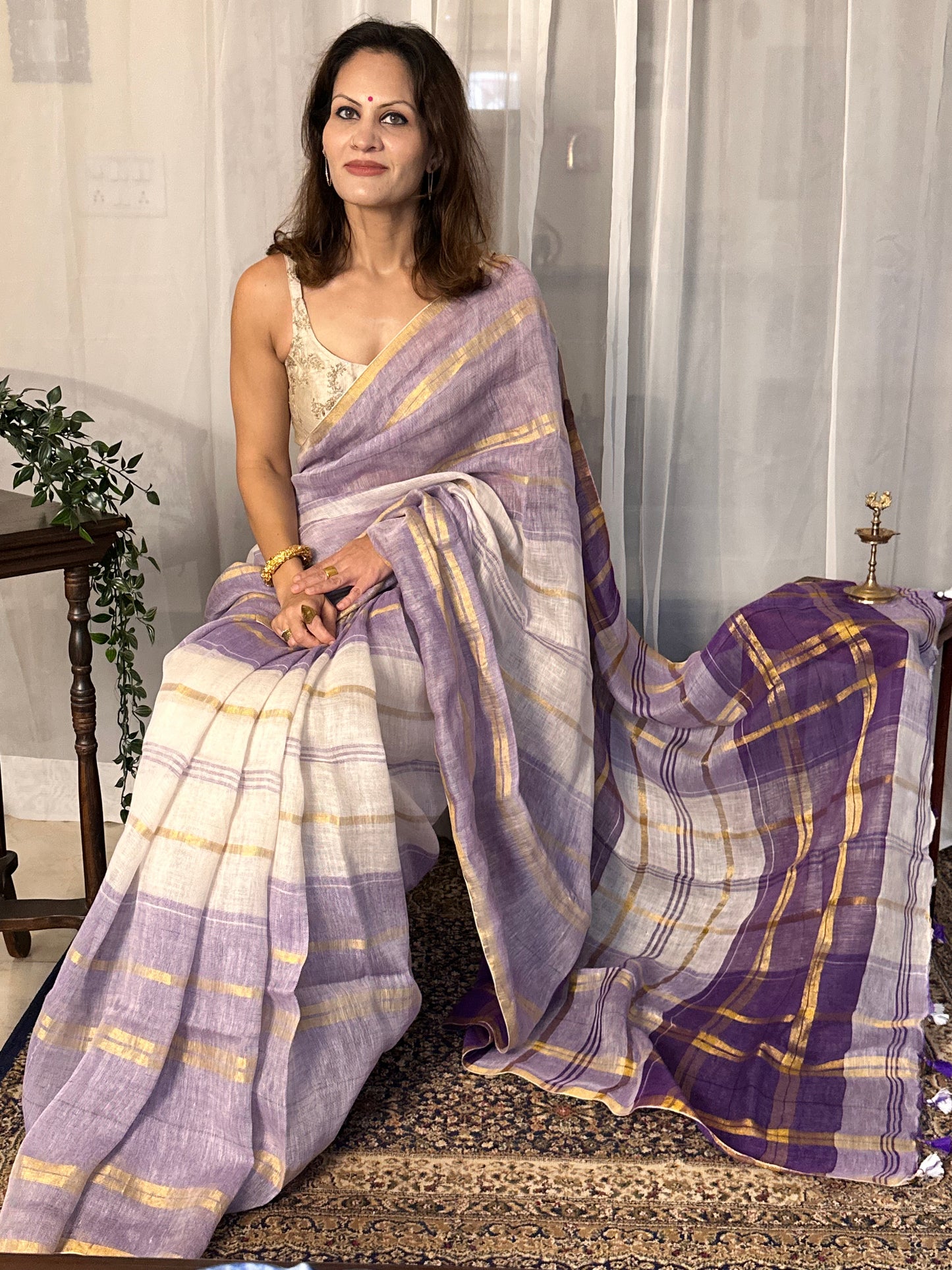 Purple, White, & Gold Handloom Pure Linen Checks Sari