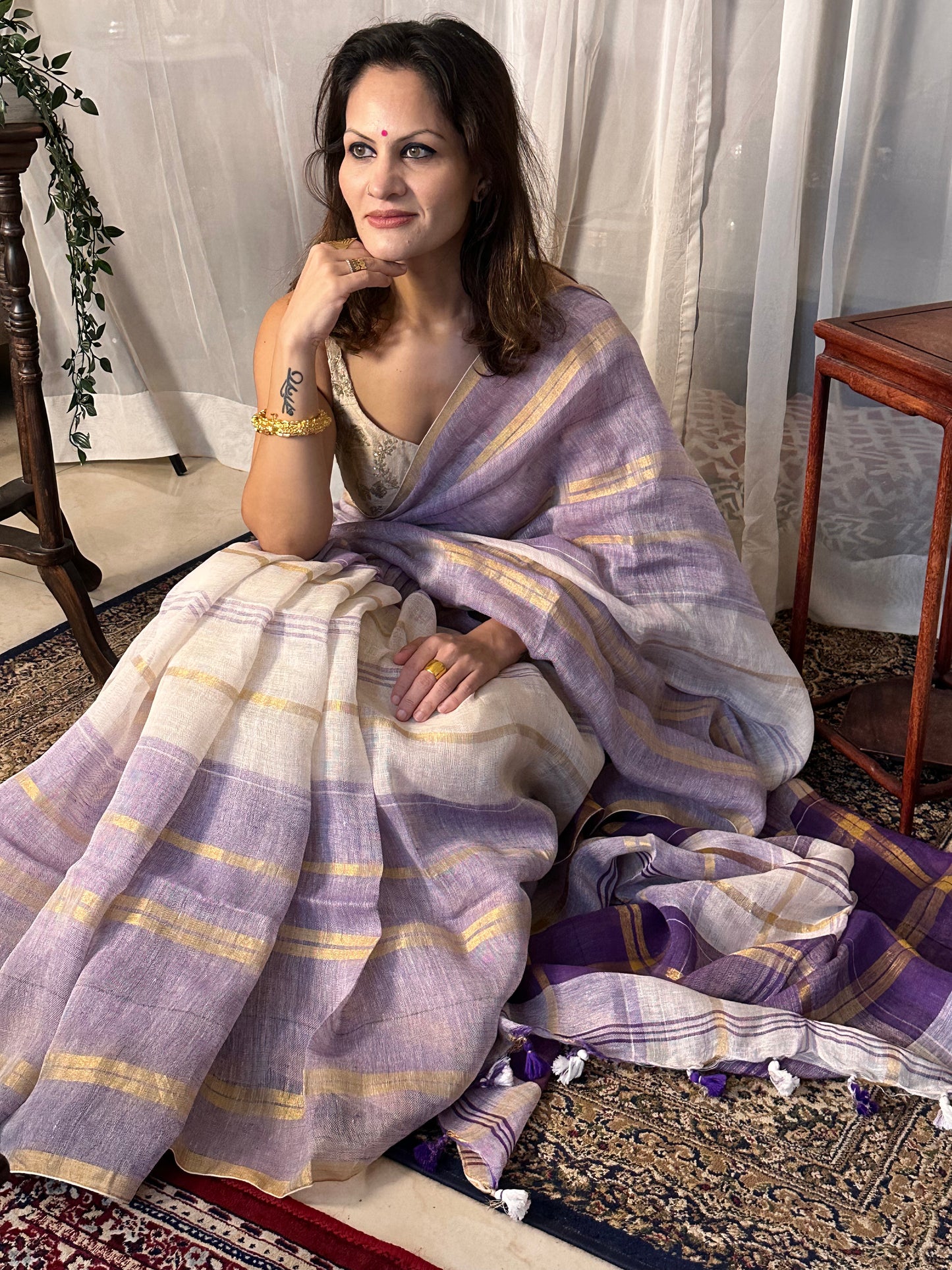 Purple, White, & Gold Handloom Pure Linen Checks Sari