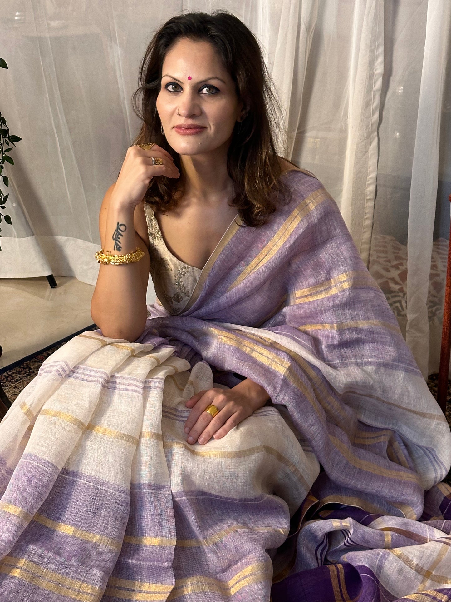 Purple, White, & Gold Handloom Pure Linen Checks Sari