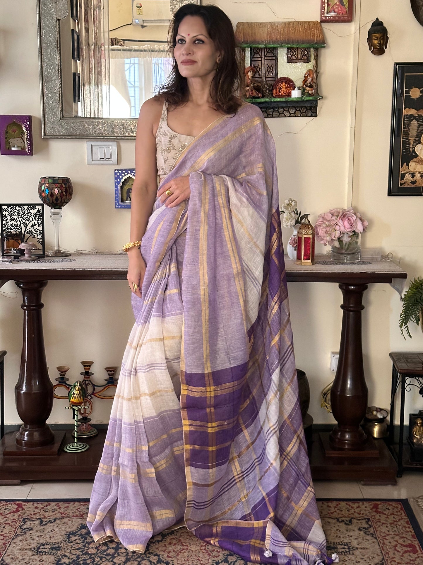 Purple, White, & Gold Handloom Pure Linen Checks Sari