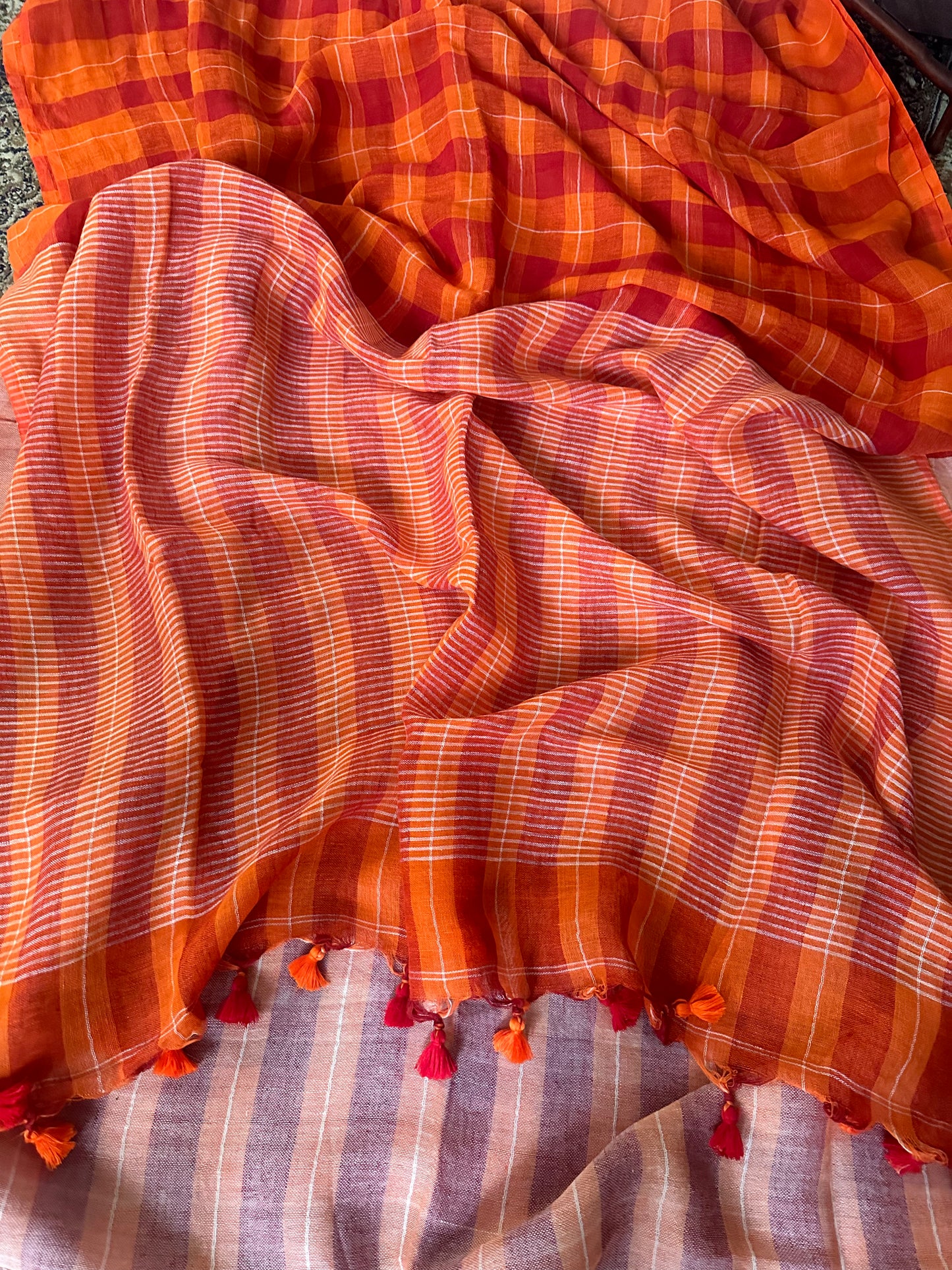 Orange Handloom Pure Linen Checks Sari