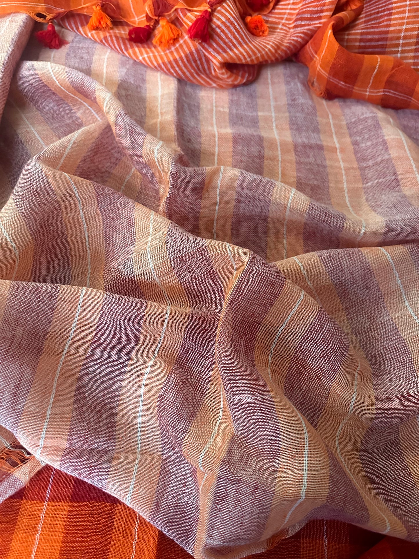 Orange Handloom Pure Linen Checks Sari