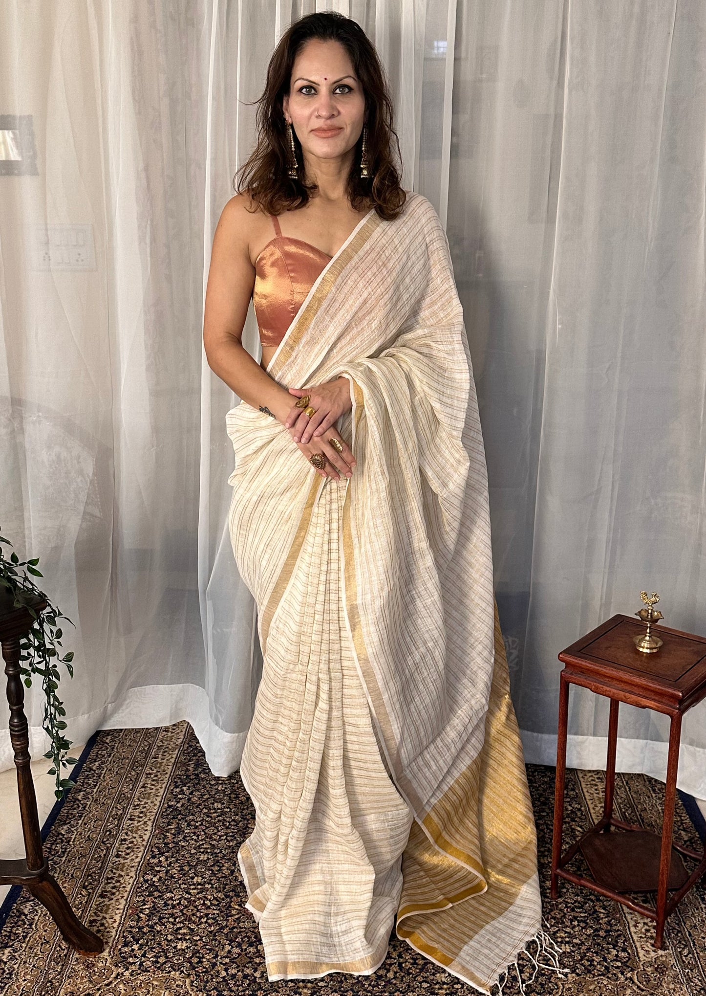 Cream & Gold Pure Linen Sari with Gold Zari Stripes and Zari Pallu