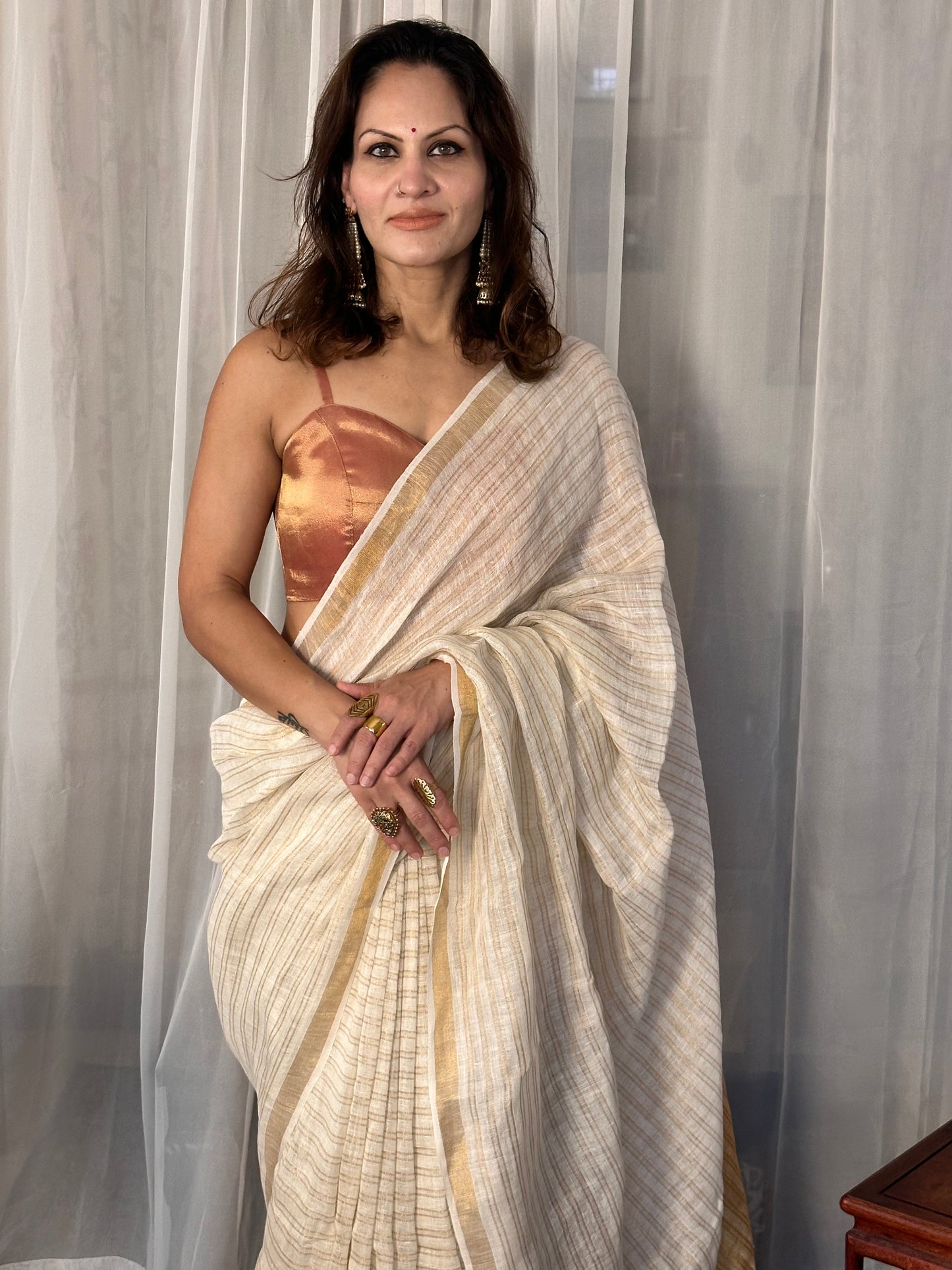 Cream & Gold Pure Linen Sari with Gold Zari Stripes and Zari Pallu