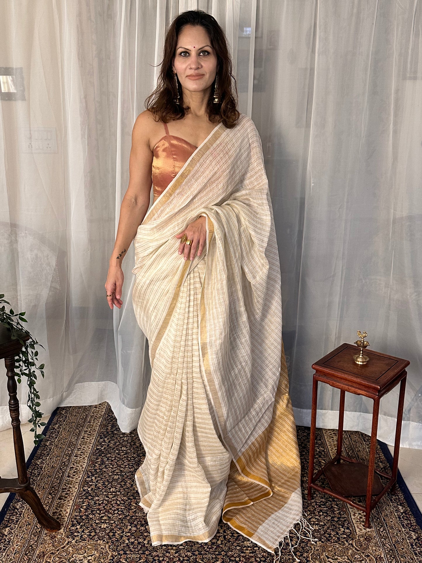 Cream & Gold Pure Linen Sari with Gold Zari Stripes and Zari Pallu