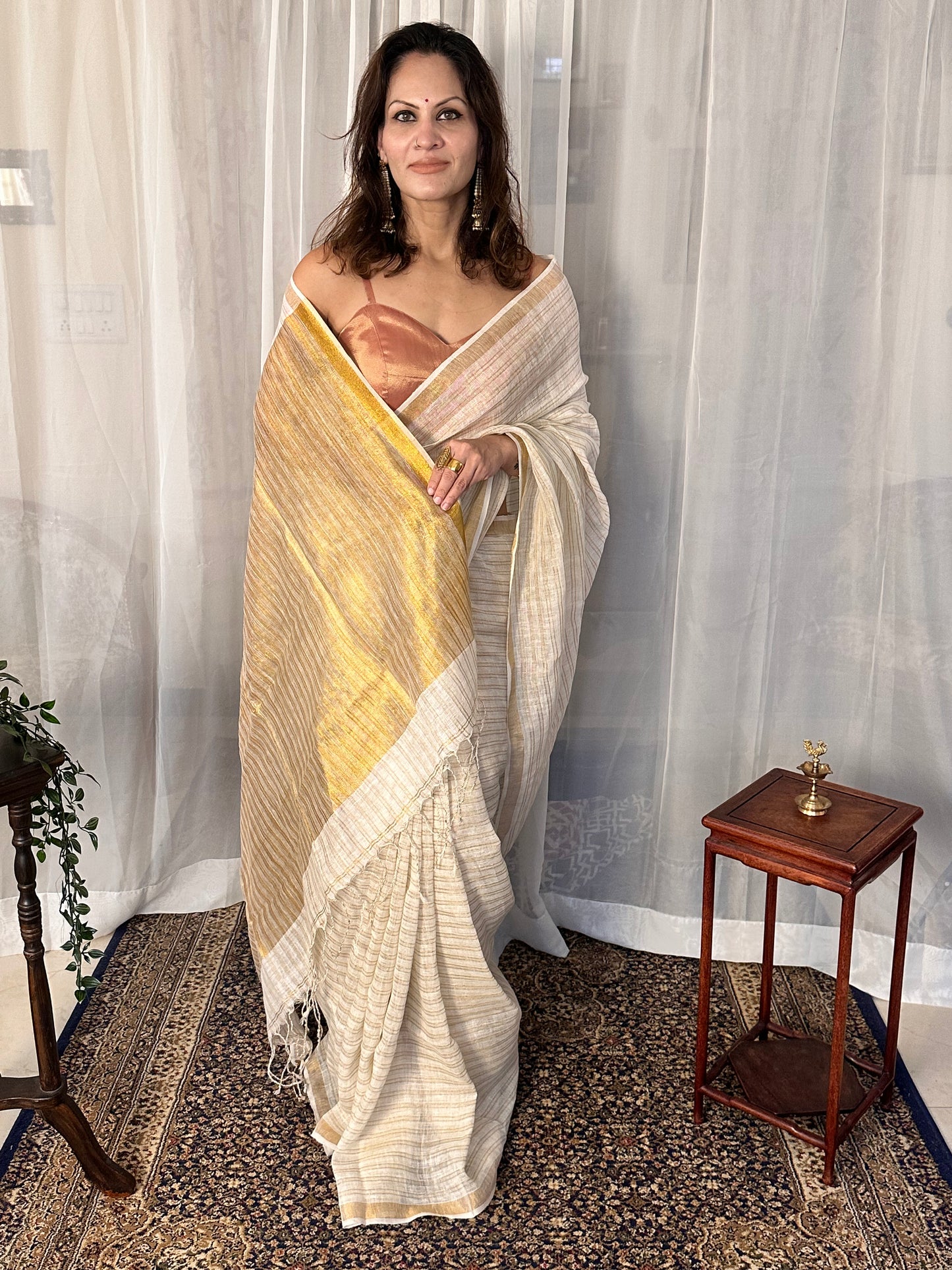 Cream & Gold Pure Linen Sari with Gold Zari Stripes and Zari Pallu