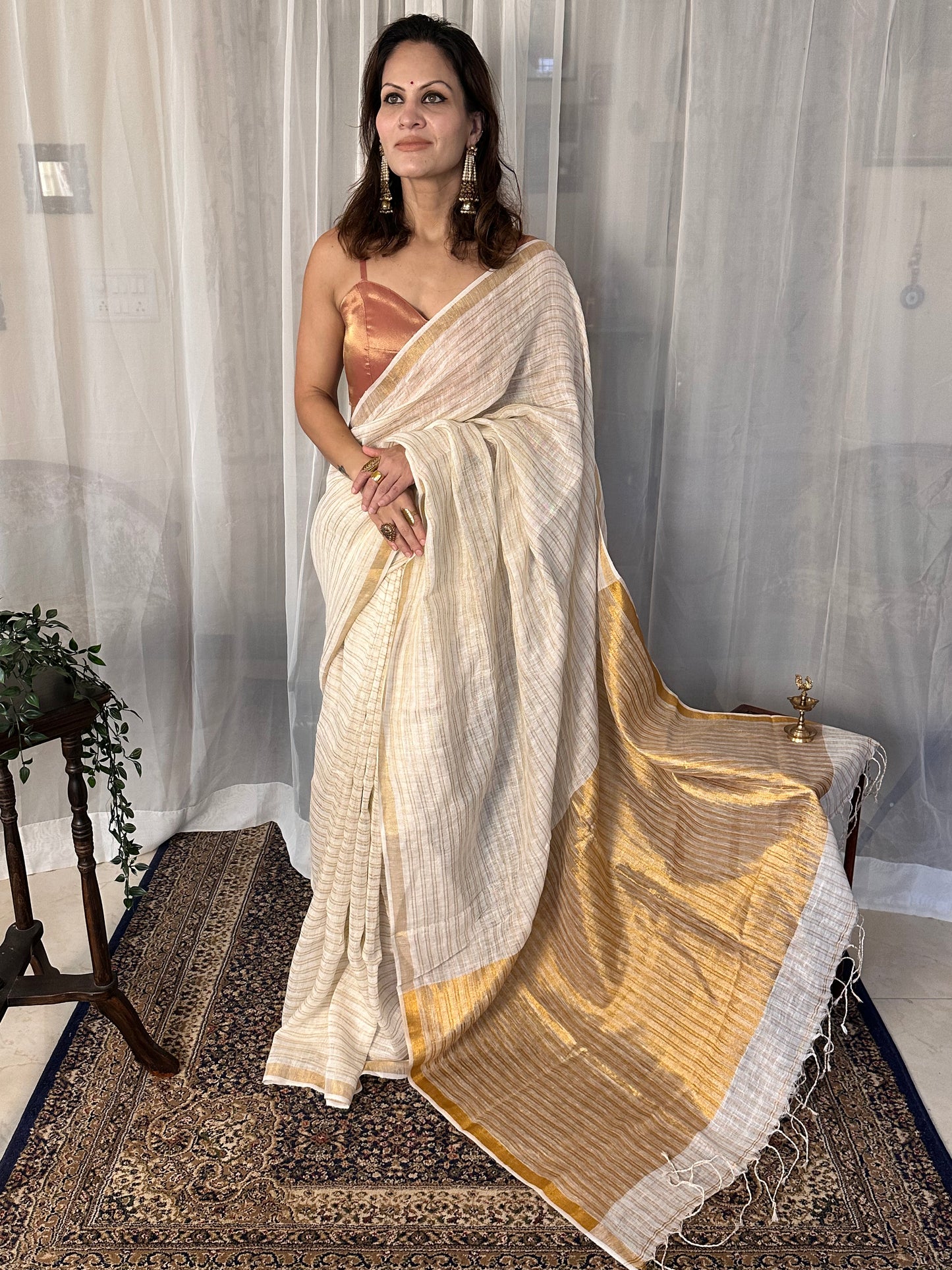 Cream & Gold Pure Linen Sari with Gold Zari Stripes and Zari Pallu