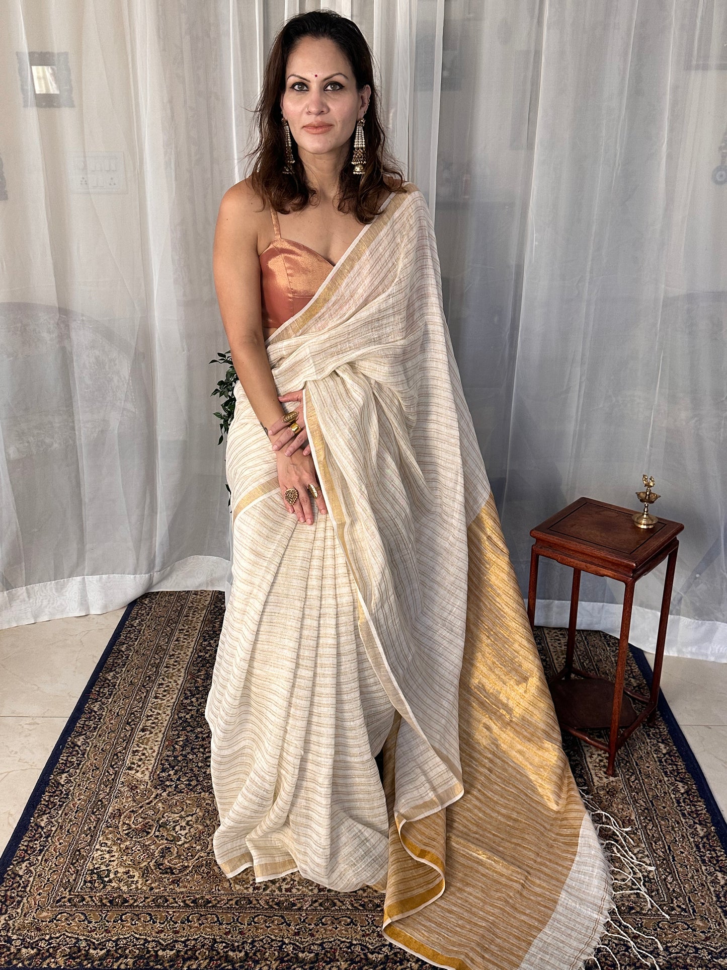 Cream & Gold Pure Linen Sari with Gold Zari Stripes and Zari Pallu