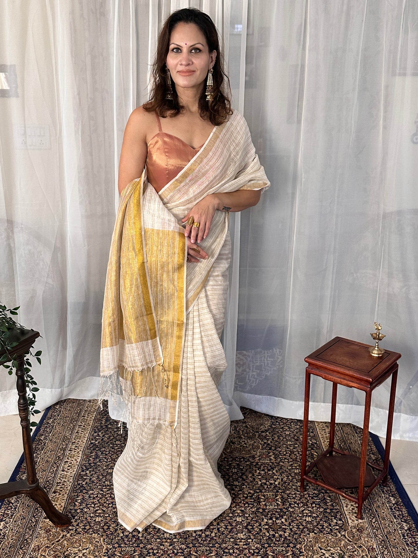 Cream & Gold Pure Linen Sari with Gold Zari Stripes and Zari Pallu