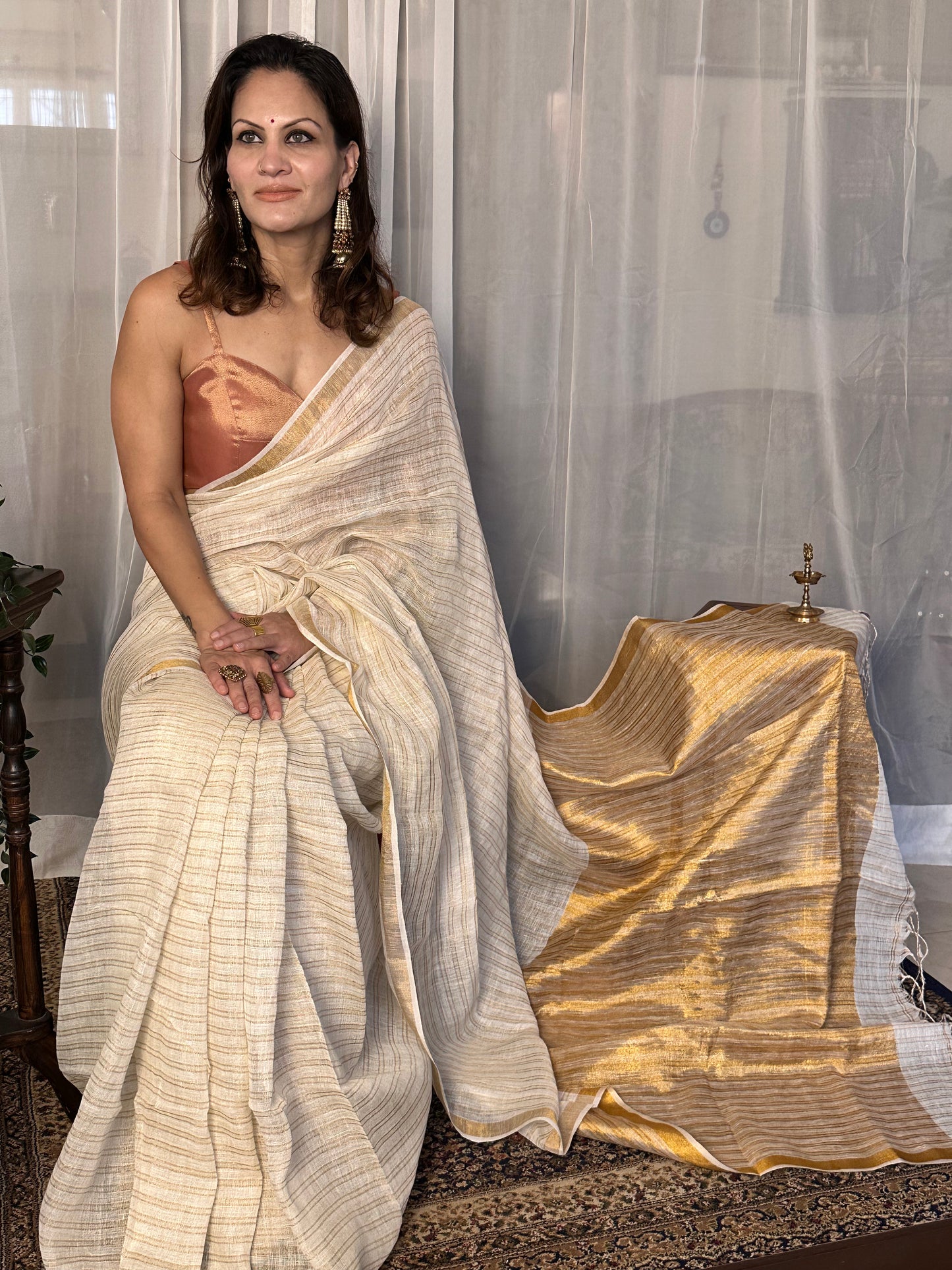 Cream & Gold Pure Linen Sari with Gold Zari Stripes and Zari Pallu