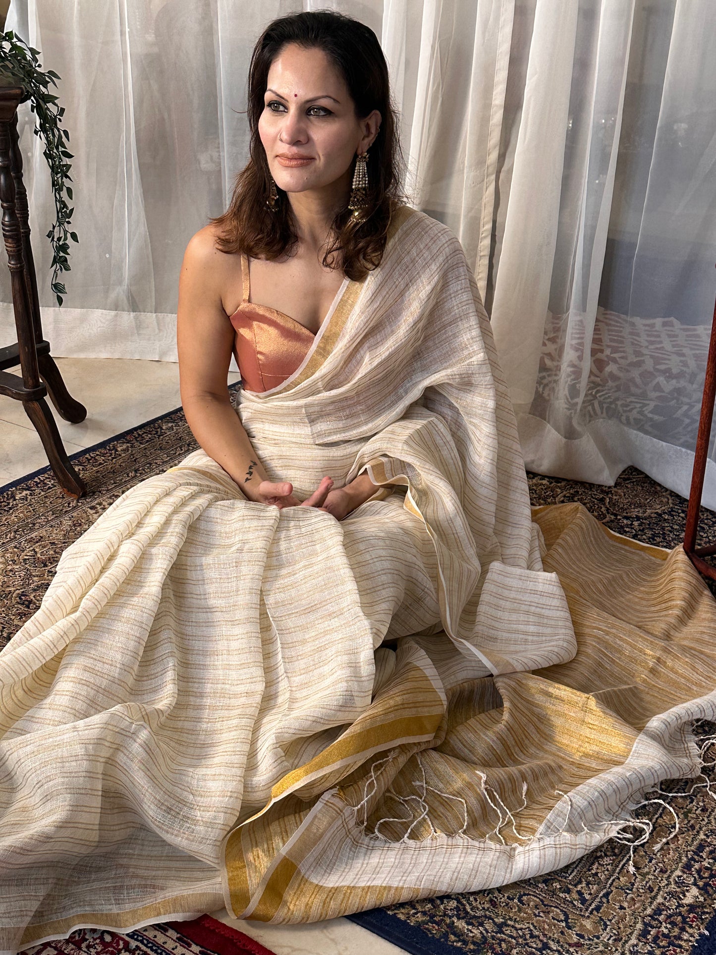 Cream & Gold Pure Linen Sari with Gold Zari Stripes and Zari Pallu