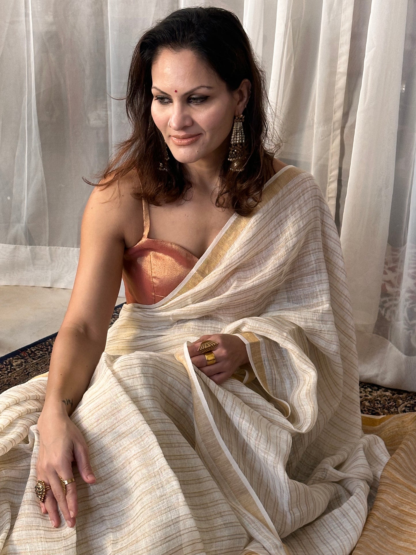 Cream & Gold Pure Linen Sari with Gold Zari Stripes and Zari Pallu