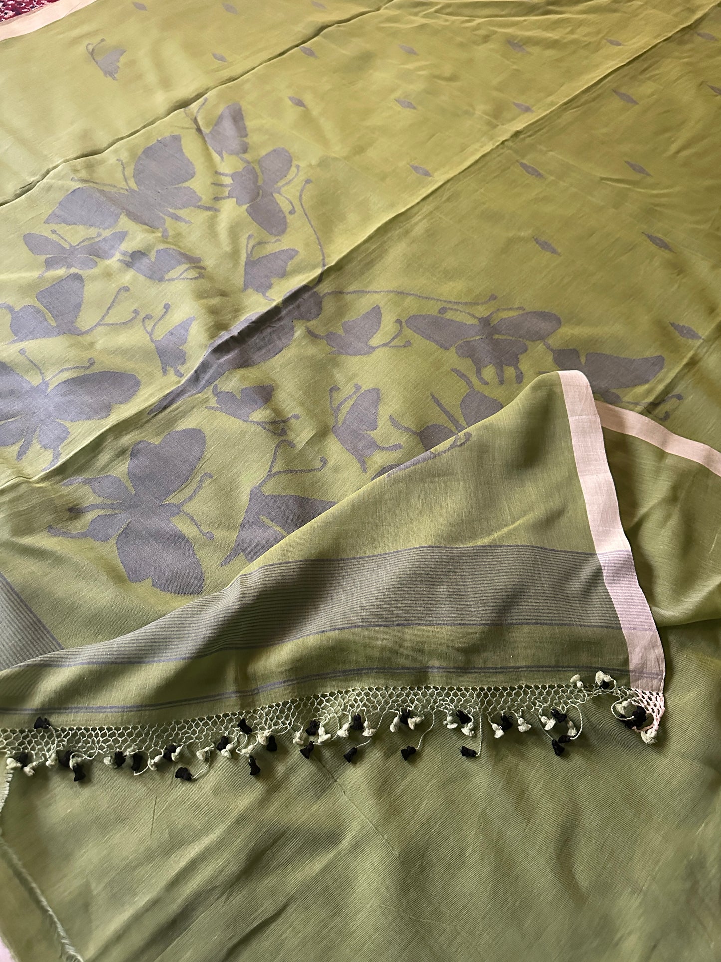 Green Hand Spun Pure Fine Cotton Jamdani Sari with Grey Woven Butterflies