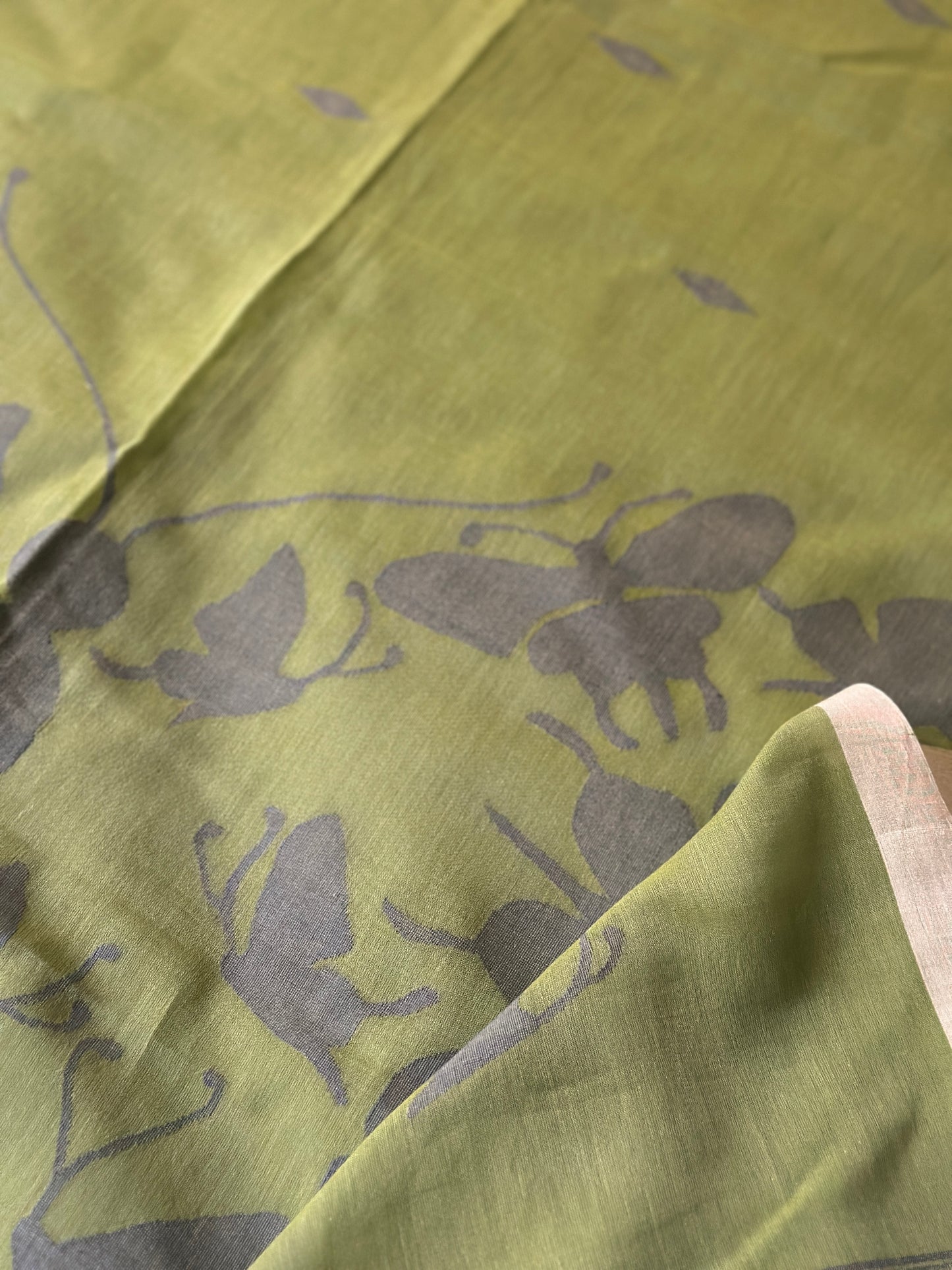 Green Hand Spun Pure Fine Cotton Jamdani Sari with Grey Woven Butterflies