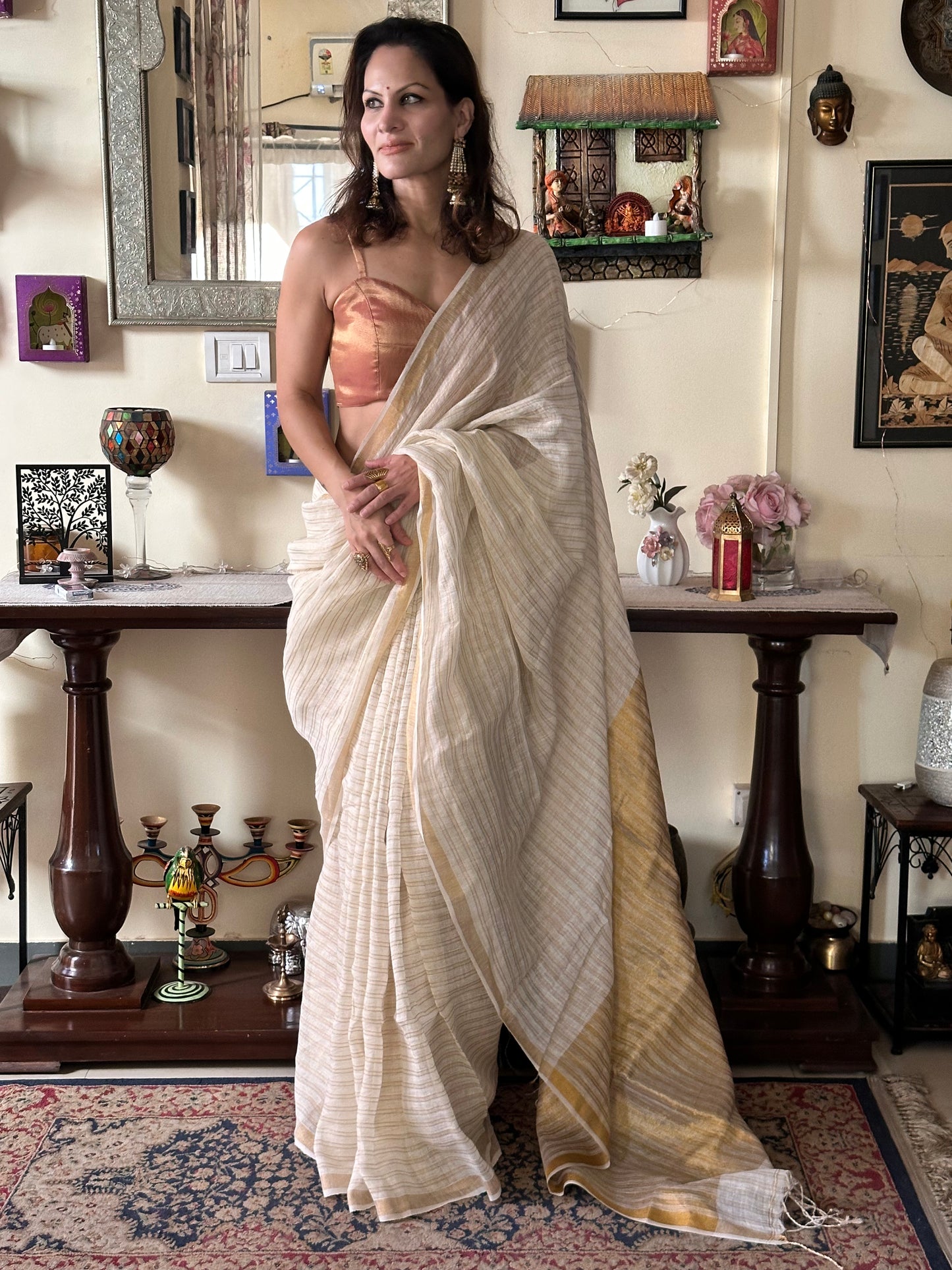 Cream & Gold Pure Linen Sari with Gold Zari Stripes and Zari Pallu