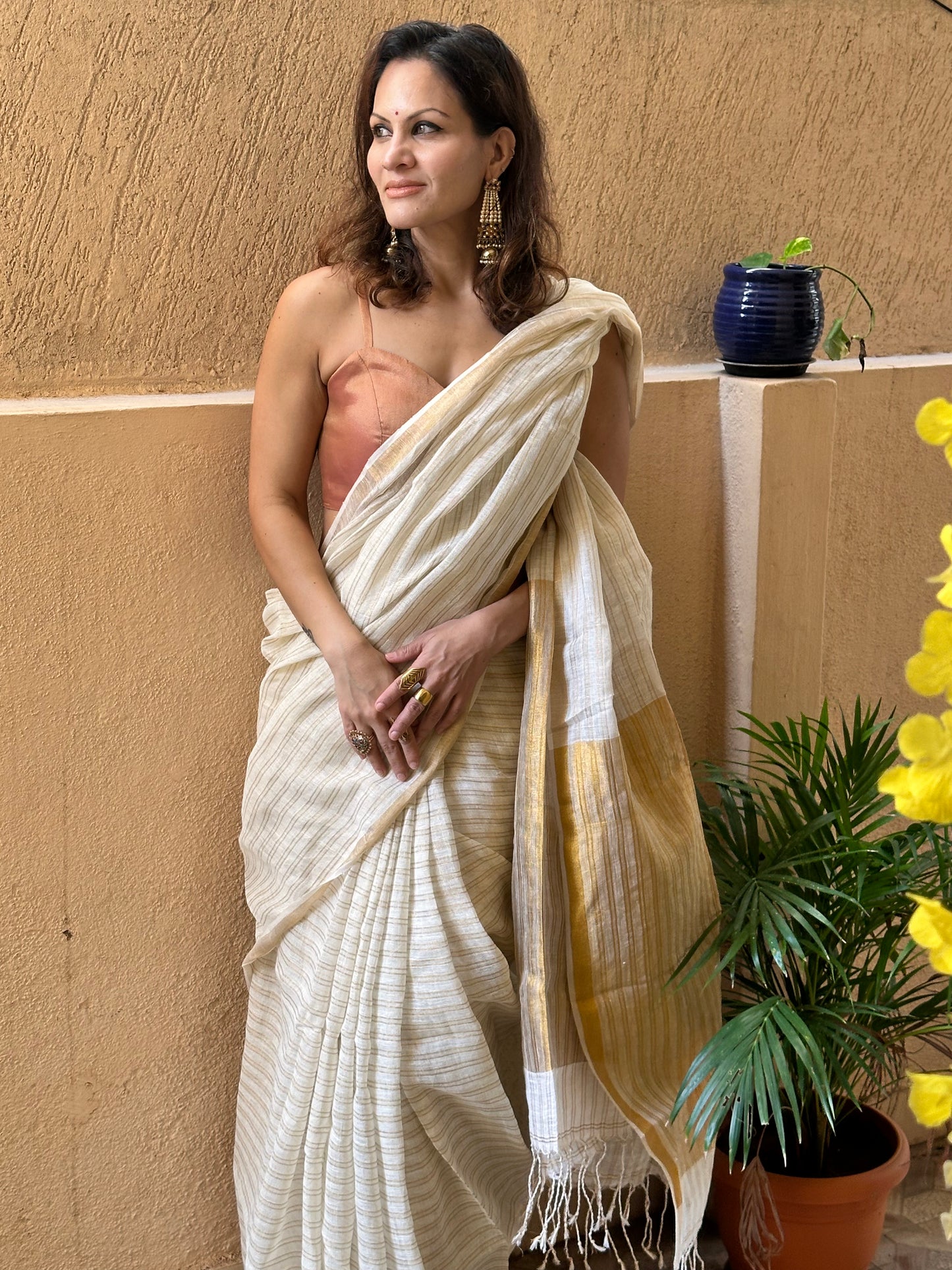 Cream & Gold Pure Linen Sari with Gold Zari Stripes and Zari Pallu