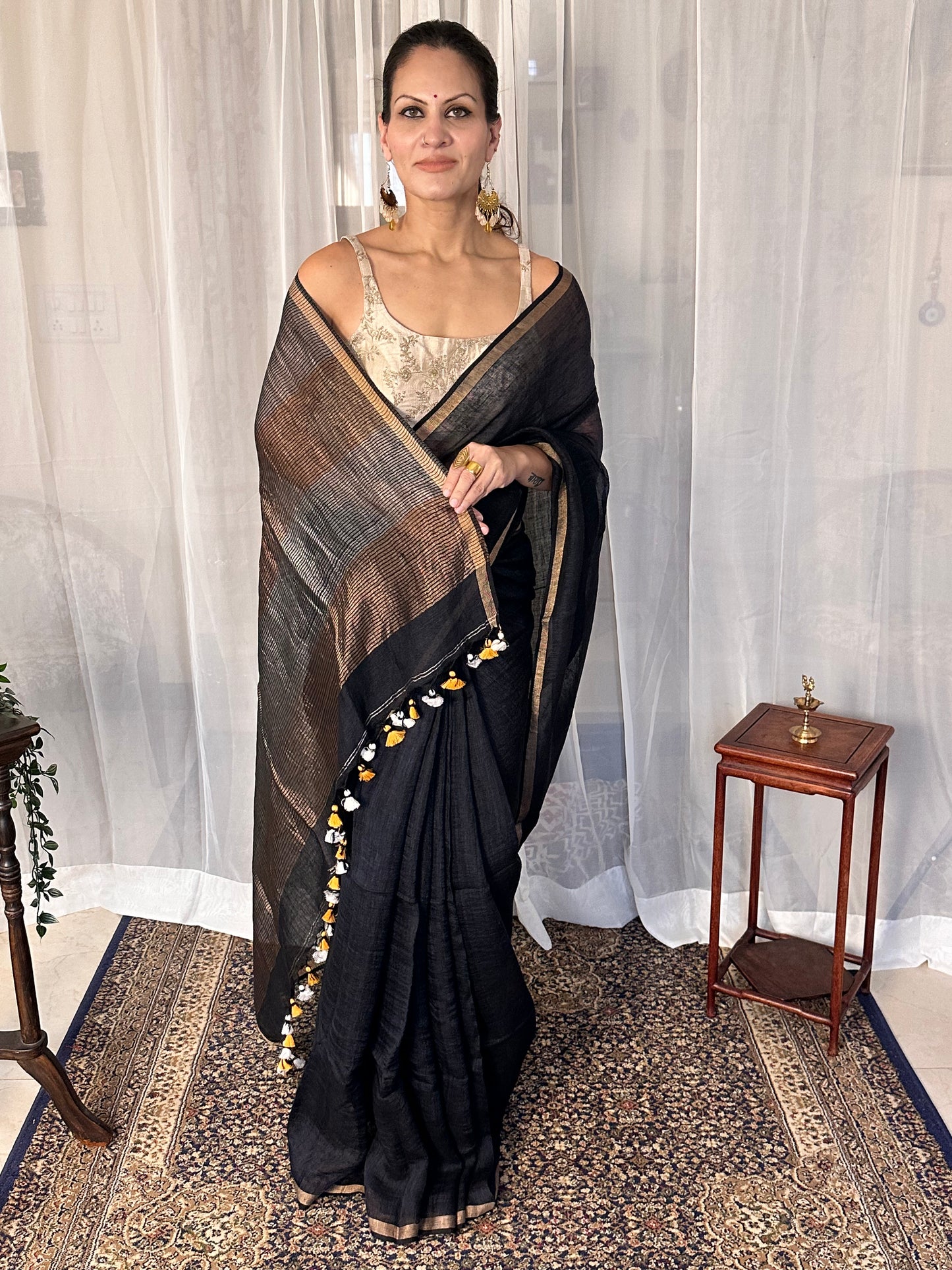 Bluish Black Pure Linen Sari with Silver, Gold, & Copper Zari Pallu