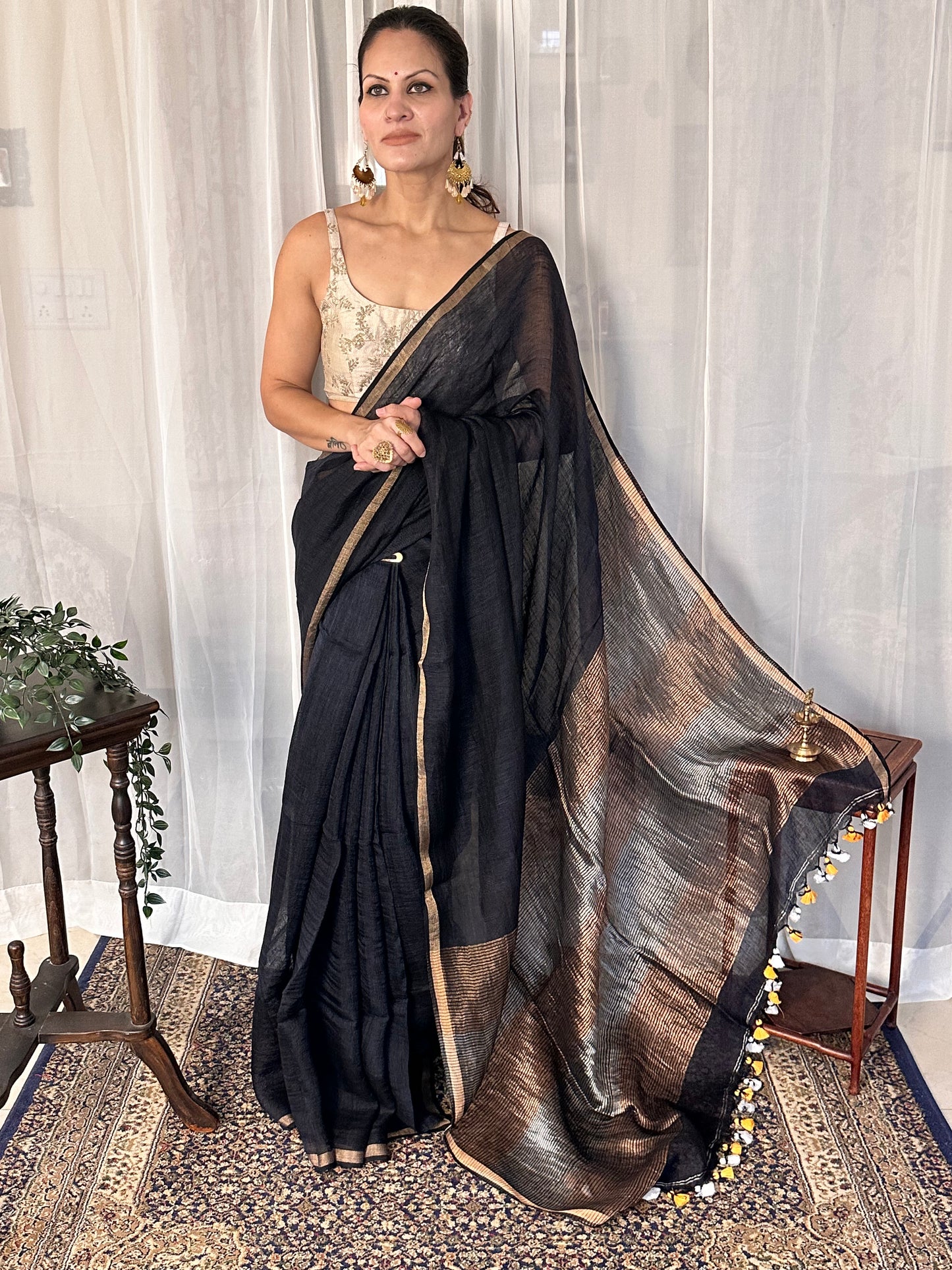 Bluish Black Pure Linen Sari with Silver, Gold, & Copper Zari Pallu