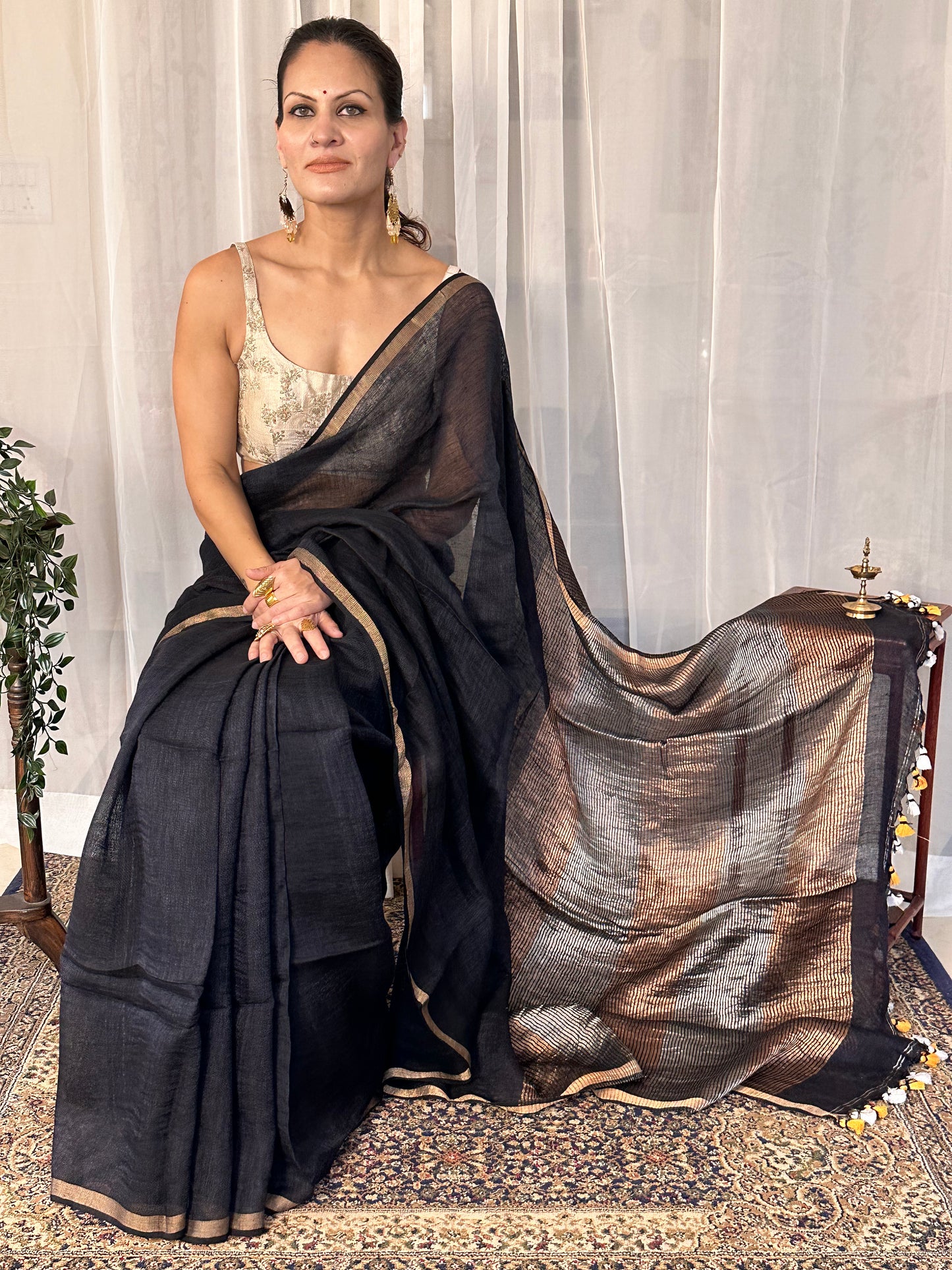 Bluish Black Pure Linen Sari with Silver, Gold, & Copper Zari Pallu