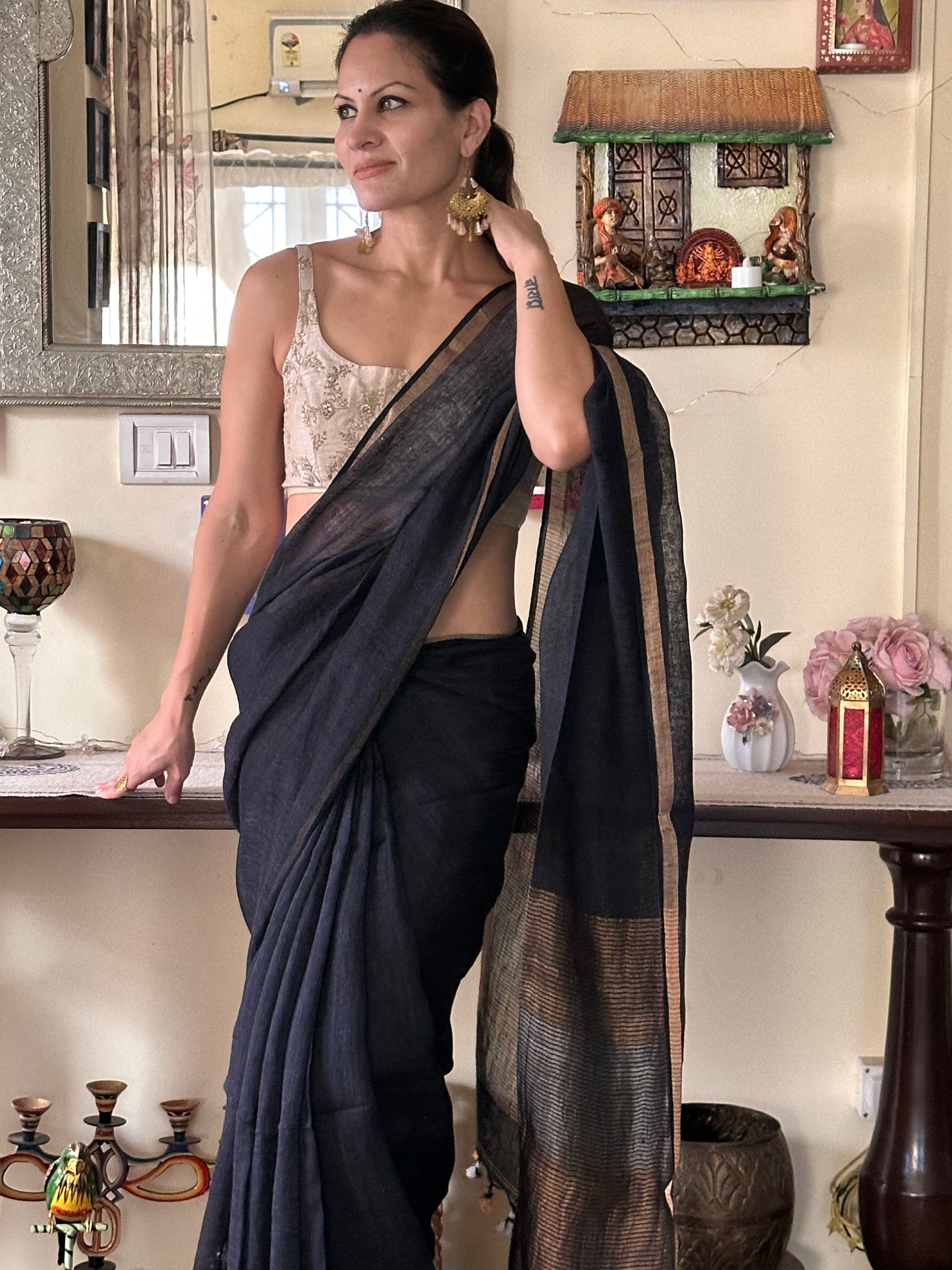 Bluish Black Pure Linen Sari with Silver, Gold, & Copper Zari Pallu